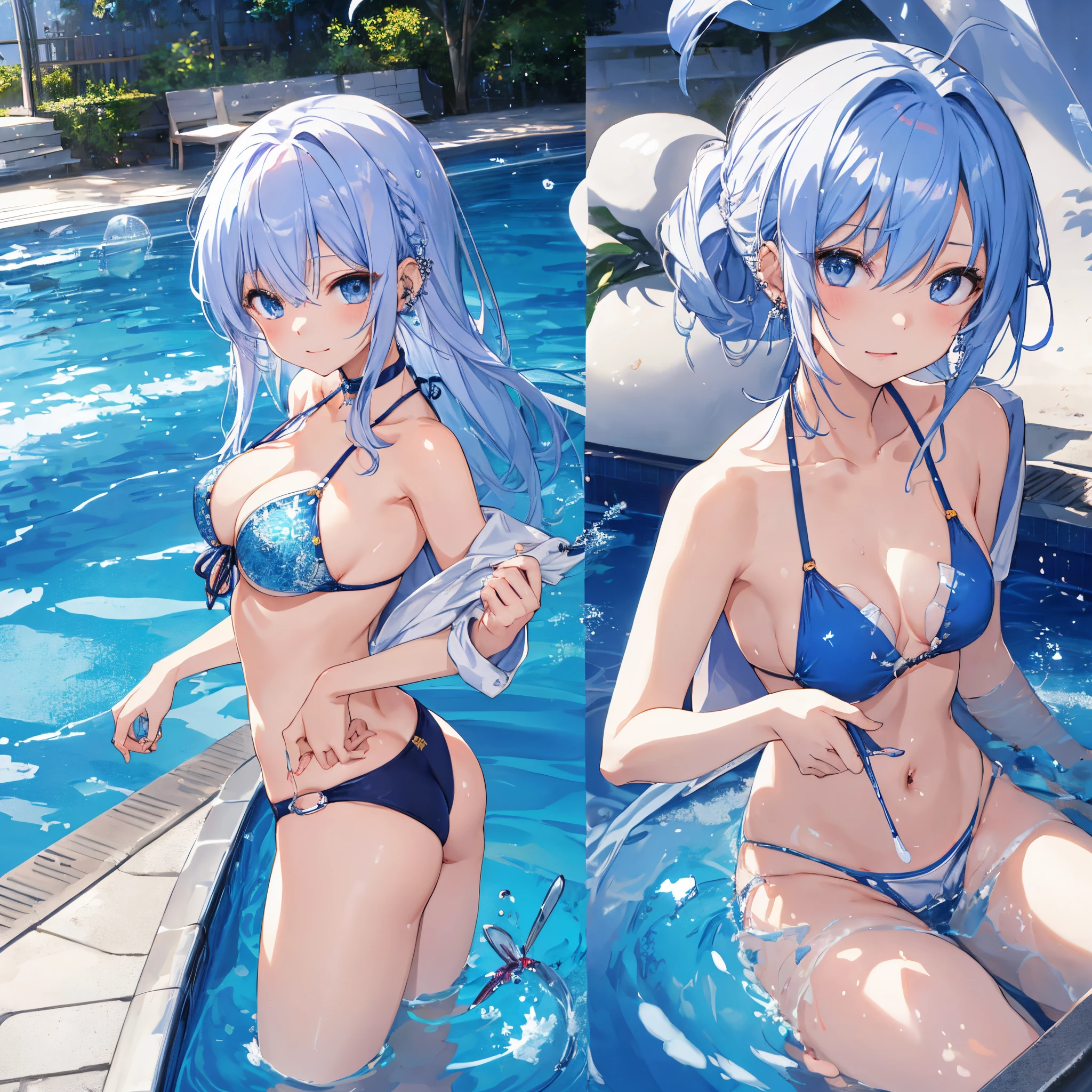 realisitic、top-quality、 1 人、20yr old、Bright flashy hair、piercings、Shy face、Fancy Bikini、beautiful boob 、sexypose、s ass、Example Pool、Particles of light、profetional lighting、blue open sky