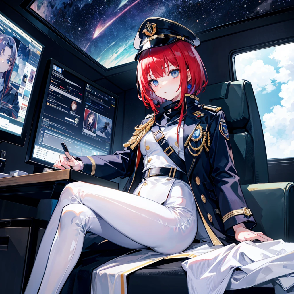 (((masterpiece)))、(((Top image quality)))、(((top-quality)))、(Illustration of one woman)、full bodyesbian、((25-years old))、Red-haired shorthair、(Thin hair hanging down both sides of the face)、Blue eyes、(((neuter)))、((Tall))、(((Muscular and strong body)))、((muscular and thick arms))、((muscular and thick legs))、(((manspreading)))、opening legs、((Military uniforms))、((Military Cap))、((Military coat))、(white clothes)、(White pants)、(White cap)、trench coat、((Inside the spaceship、Sitting in the captain's seat))、(Outside the window、kosmos、Earth seen from space、Spaceport)
