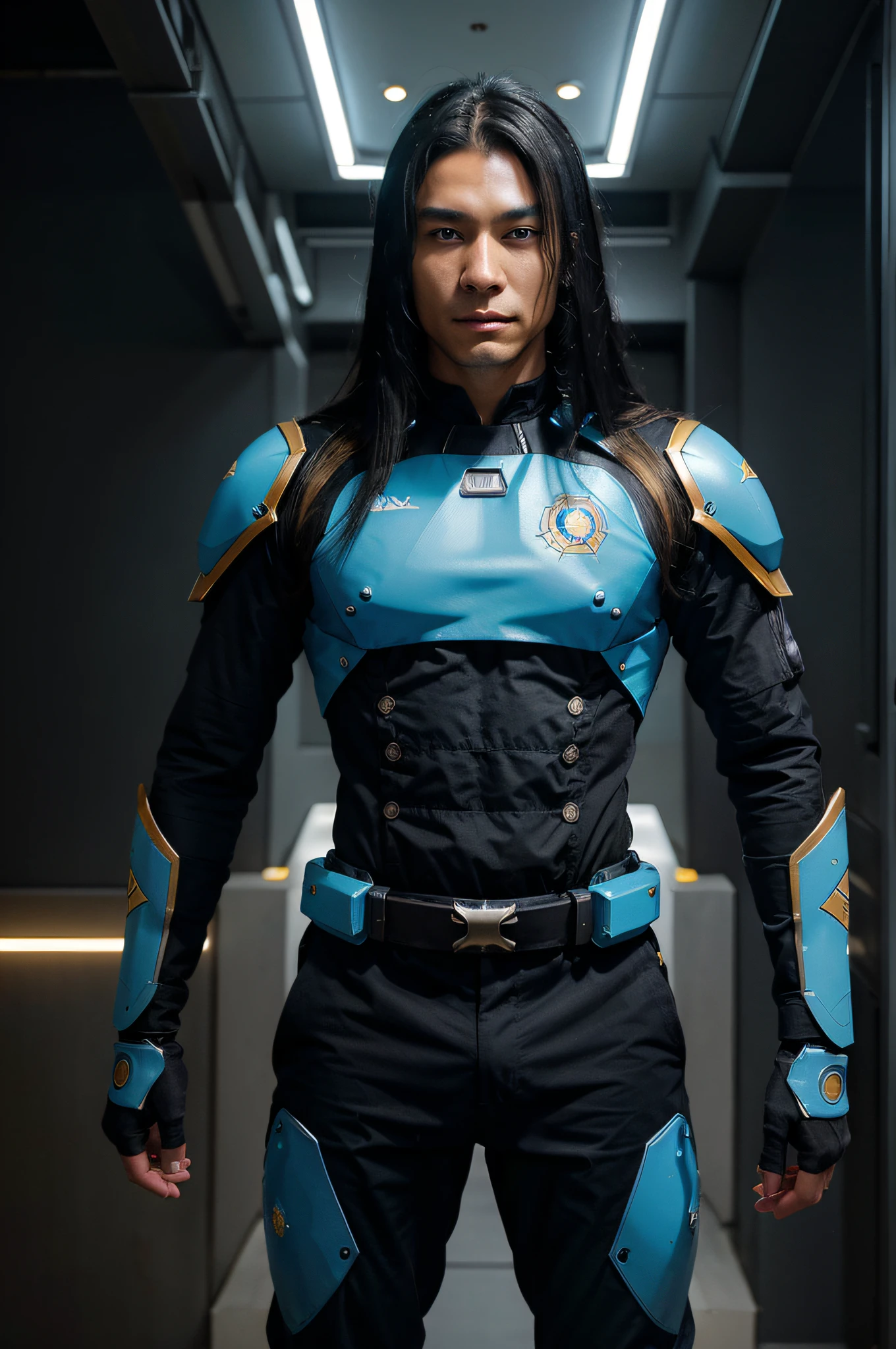 Boku Sagara has long flowing black hair and prominent cosmic blue eyes. His body is built athletically and has cosmic tattoos that look glowing on his skin.
Boku wears a futuristic battle suit made of high-tech materials, with dominant colors of sky blue and gold, reflecting his status as the prince of an intergalactic empire.