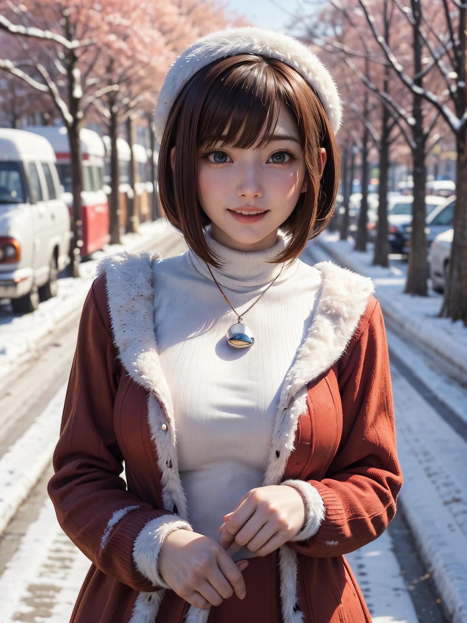 (masutepiece:1.4, top-quality、Very attractive adult beauty with a very cute smile:1.4、Add intense highlights to the eyes:1.4、Look firmly at the camera、Put your right hand on your chest、Beautiful woman full of adult charm:1.4),1girl in, 独奏, Light brown shiny hair, muffler,Santa Claus hat:1.4,realisitic, looking at the viewers, Bright colored crystal light blue eyes:1.4, short shiny hair, Santa Claus Starneck Knit、 Red and white costume of Santa Claus in a turtleneck with a round hole in the center of the chest:1.4,Sexy red and white turtleneck knit sweater with round hole in the center of chest:1.4、 s lips, lipgloss:1.4,bangss, The upper part of the body、big eye、Lashes、The face is a little red:1.4、Embarrassing)、((Canada's tree-lined streets in winter:1.4))、((Brunette's short bob hair with bangs、big eye、Put very strong highlights in your students:1.4、{Gigantic|Big|Huge|Mega} breasts:1.4、very Bigger breasts、gazing at viewer、Very beautiful beauty、Put your ears out:1.4、long neck:1.4、little smiling、Beautiful teeth、Open your mouth and smile:1.4))、28 year old:1.4、Very cute supermodel:1.4、