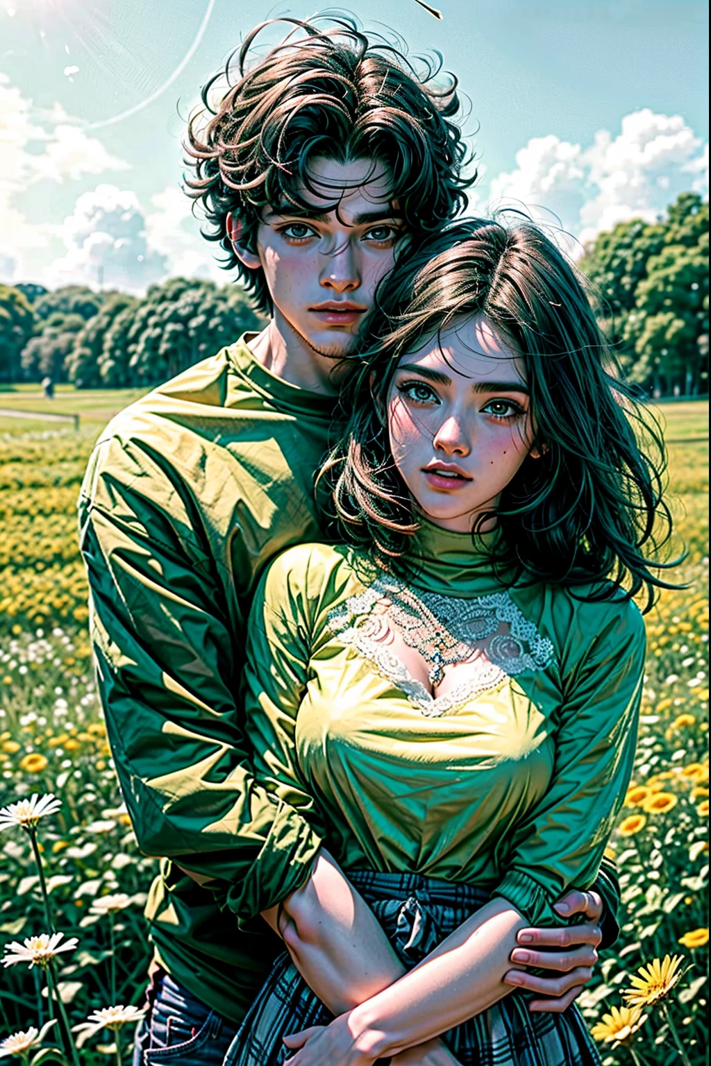 1 man and 1 woman are sitting in a meadow of red flowers, sun sunset, Irish Man, Campo florescente, Dandelion floating in the wind, estilo romance adolescente, casa em um capinique, homem e mulher, casal apaixonado, flores vermelhas, Casais de homem e mulher, linda mulher sentada no colo do homem, homem alto e bonito, man hugging woman from behind, man with green shirt and black jeans, por do sol, couple in a dandelion garden, mulheres usando um lindo vestido vermelho, eles parecem muito felizes, eles andando no jardim, casal: homem e mulhar, Flying dandelion, ultra qualidade, rostos bem bem detalhados, ultra detalhes