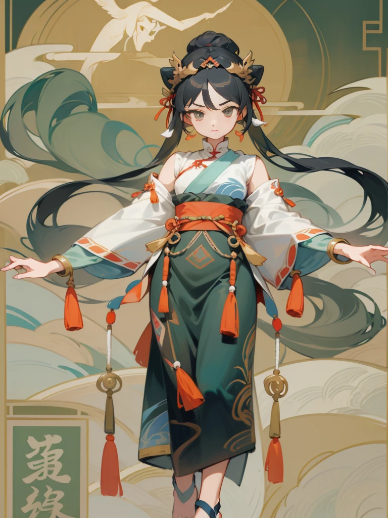 The hand structure is correct,Falling ribbons,Clear facial features,The clothing has elements from Dunhuang murals,The background also has corresponding Dunhuang mural elements.