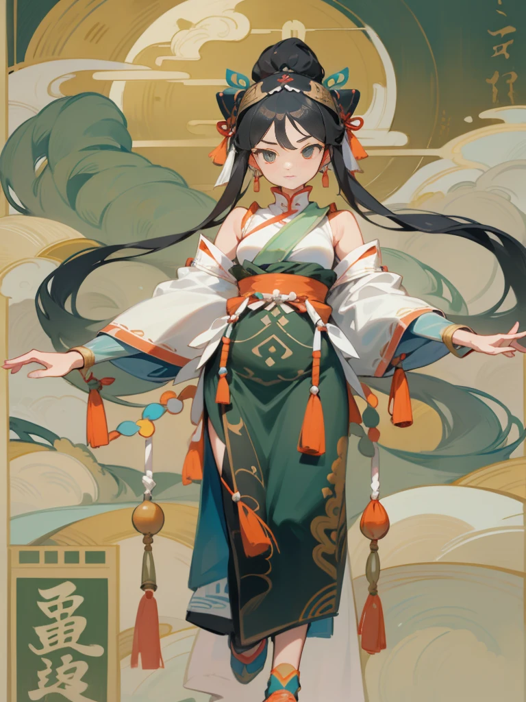 The hand structure is correct,Falling ribbons,Clear facial features,The clothing has elements from Dunhuang murals,The background also has corresponding Dunhuang mural elements.
