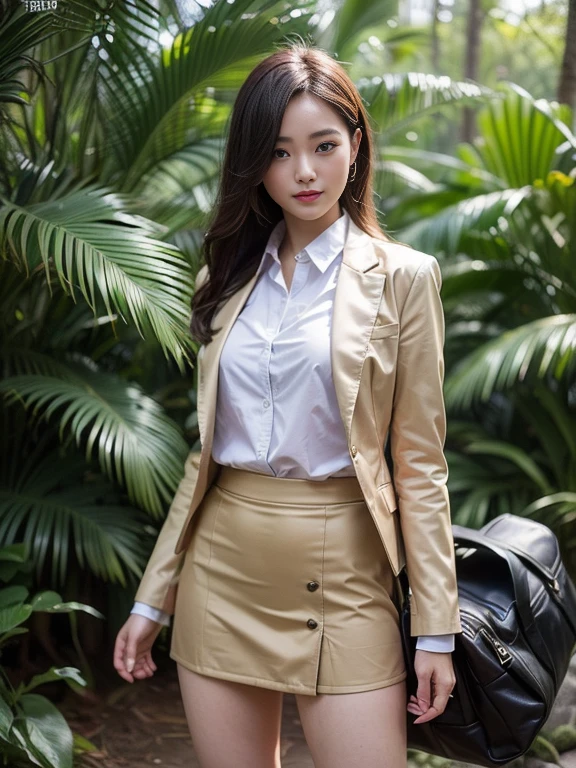 ((top-quality、in 8K、​masterpiece:1.3、Raw photo))、Super high quality photos, In the tropical jungle, ((Wearing a business suit with jacket and skirt)), ((Wear a white blouse shirt under the jacket)), ((Perfect beauty 20 year old idol Japan woman)), ((a smile)), ((protruding nipples under the shirt,,)), ((Hair fluttering in the wind)), ((slim figure)), ((Slim legs)), ((slim thigh)), ((Perfect beauty 20 year old idol Japan woman)), (Photorealistic: 1.4), (Ultra-high detail), (hyper realisitic: 1.4), (Realistic: 1.3), (Smooth lighting: 1.05), Full body, 1girl in, Solo, (Japanese actressl),　20yr old, cinematlic lighting,  ((Leaner figure)), Good anatomy, Correct anatomy, In the tropical jungle, ((Perfect beauty 20 year old idol Japan woman)),  ((Slim legs)), ((slim thigh)), ,((Perfect beauty)), ((He has a small camping bag in one hand.)), ((Panties are visible through the skirt)), ((a smile)), ((camel's toe)), ((((Wearing a business suit with jacket and skirt)), ((The wind is blowing up my skirt and I can see my panties.)),