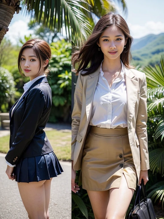 ((top-quality、in 8K、masterpiece:1.3、Raw photo))、Super high quality photos, In the tropical jungle, ((Wearing a business suit with jacket and skirt)), ((Wear a white blouse shirt under the jacket)), ((Perfect beauty 20 year old idol Japan woman)), ((a smile)), ((protruding nipples under the shirt,,)), ((Hair fluttering in the wind)), ((slim figure)), ((Slim legs)), ((slim thigh)), ((Perfect beauty 20 year old idol Japan woman)), (Photorealistic: 1.4), (Ultra-high detail), (hyper realisitic: 1.4), (Realistic: 1.3), (Smooth lighting: 1.05), Full body, 1girl in, Solo, (Japanese actressl), 20yr old, cinematlic lighting, ((Leaner figure)), Good anatomy, Correct anatomy, In the tropical jungle, ((Perfect beauty 20 year old idol Japan woman)), ((Slim legs)), ((slim thigh)), ,((Perfect beauty)), ((He has a small camping bag in one hand.)), ((Panties are visible through the skirt)), ((a smile)), ((camel's toe)), ((((Wearing a business suit with jacket and skirt)), ((The wind is blowing up my skirt and I can see my panties.)),