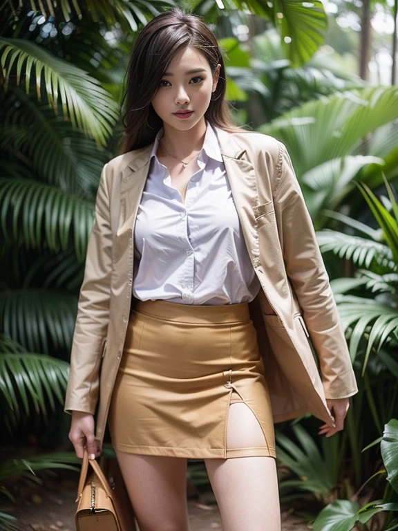 ((top-quality、in 8K、​masterpiece:1.3、Raw photo))、Super high quality photos, In the tropical jungle, ((Wearing a business suit with jacket and skirt)), ((The wind is blowing up my skirt and I can see my panties.)),((Mid-waist posture)),((Wear a white blouse shirt under the jacket)), ((Perfect beauty 20 year old idol Japan woman)), ((a smile)), ((protruding nipples under the shirt,,)), ((Hair fluttering in the wind)), ((slim figure)), ((Slim legs)), ((slim thigh)), (Photorealistic: 1.4), (Ultra-high detail), (hyper realisitic: 1.4), (Realistic: 1.3), (Smooth lighting: 1.05), Full body, 1girl in, Solo, (Japanese actressl),　20yr old, cinematlic lighting, ((Leaner figure)), Good anatomy, Correct anatomy, In the tropical jungle, ((Perfect beauty 20 year old idol Japan woman)), ((Slim legs)), ((slim thigh)), ,((Perfect beauty)), ((He has a small camping bag in one hand.)), ((Panties are visible through the skirt)), ((a smile)), ((camel's toe)), ((Wearing a business suit with jacket and skirt)), ((The wind is blowing up my skirt and I can see my panties.)), ((Mid-waist posture)),