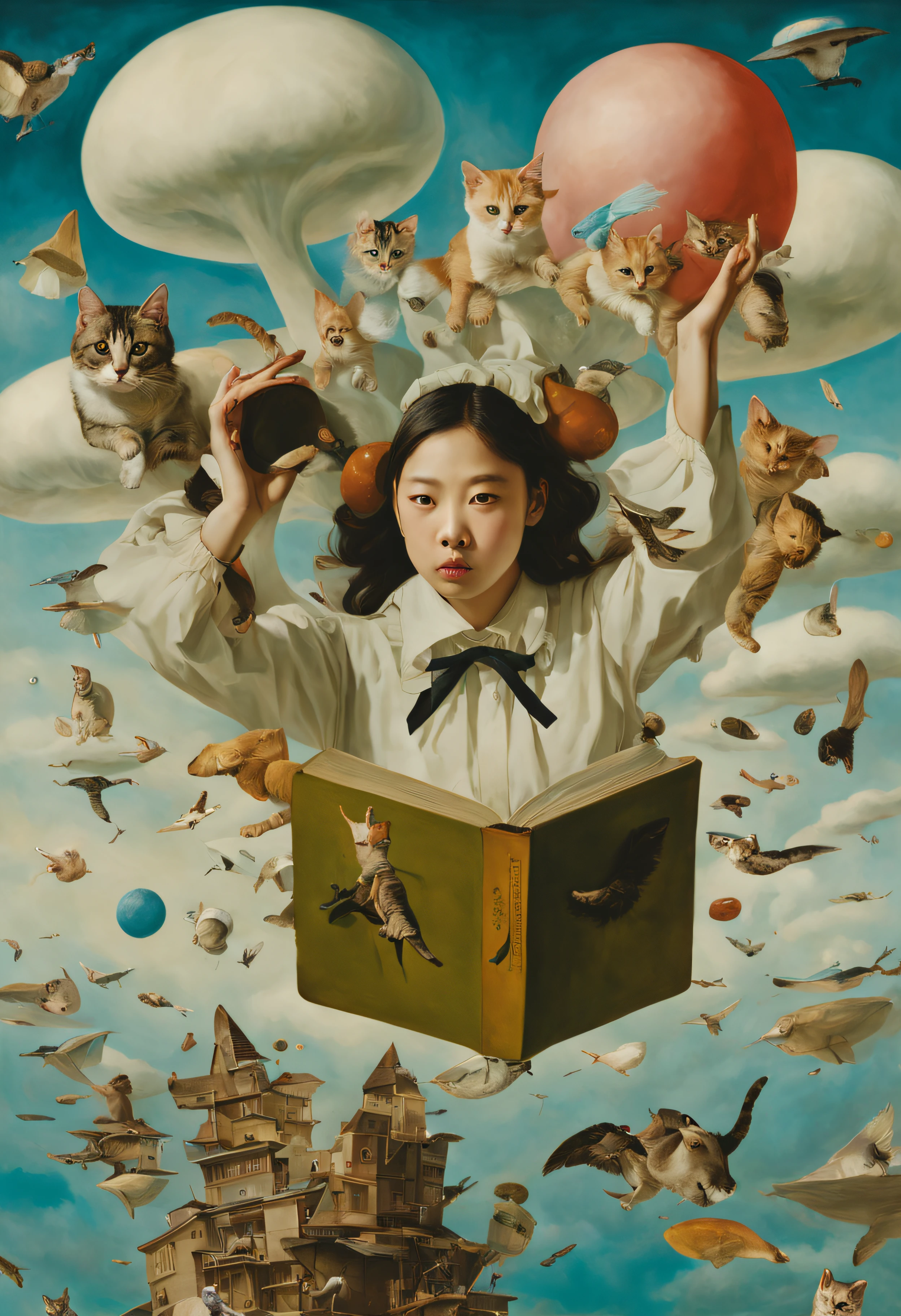 A girl who came out of a thick book、Home＆Boken > Supplies > Cleaning Products > cat and dog floating in the air＞ sweeper:1.3、alice pudding、surreal photos、surrealism painting、art photography、promotional image、a hyperrealistic painting、Hyper-Realism、panfuturism、the most surreal picture、ultra-definition、Colorful、masutepiece、