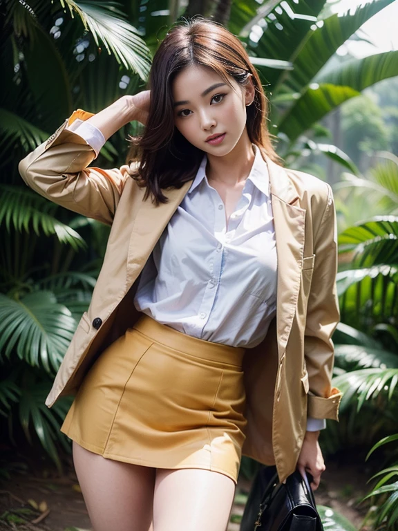 RAW, Best quality, high resolution, masterpiece: 1.3), Beautiful Malay woman in hijab (iu:0.8),looking at viewert,overexposed breast, On a sunny autumn afternoon,Picture 1 is from the highest quality 8K,breasts big, thick thighs, He is wearing an orange blazer and skinny jeans，Sits quietly in the bamboo forest。Sunlight shines through the spots of bamboo leaves，A layer of soft light and shadow covers his body。His skin looks brighter in the sun，Contrasts with the blazer orange。From now on from the view, we can see the girl from all over the body。She is slim and healthy,This sportswear fits her body shape very well, showing her energetic image。Her legs are naturally wide,Cross her hands on her waist,appear confident and strong。 The girl's eyes are bright and full of determination, smiling and looking at the camera, Seems to tell a story of struggle and hard work.。Her smile is like the autumn sunlight shining on the bamboo forest, Makes people feel the vitality of youth and the vitality of life。in this picture， We seem to feel his inner determination and love for life。 Surrounded by dense bamboo forests, Abundant greenery, gurgling river, Create a dynamic scene。 This scene is like a passionate poem, Telling about the beautiful time in the autumn afternoon。
