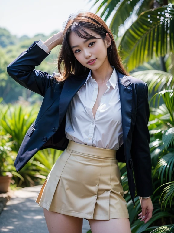 ((top-quality、in 8K、masterpiece:1.3、Raw photo))、Super high quality photos, In the tropical jungle, ((Wearing business suit jacket and skirt)), ((Wear a white blouse shirt under the jacket)), ((Perfect beauty 20 year old idol Japan woman)), ((a smile)), ((nipples sticking out under the shirt,)), ((slim figure)), ((Slim legs)), ((slim thigh)), ((Perfect beauty 20 year old idol Japan woman)), (Photorealistic: 1.4), (Ultra-high detail), (hyper realisitic: 1.4), (Realistic: 1.3), (Smooth lighting: 1.05), Full body, 1girl in, Solo, (Japanese actressl), 20yr old, cinematlic lighting, ((slim figure)), ((Leaner figure)), Good anatomy, Correct anatomy, In the tropical jungle, ((Perfect beauty 20 year old idol Japan woman)), ((slim figure)), ((Slim legs)), ((slim thigh)), ,((Perfect beauty)), ((He has a small camping bag in one hand.)), ((Panties are visible through the skirt)), ((a smile)),
