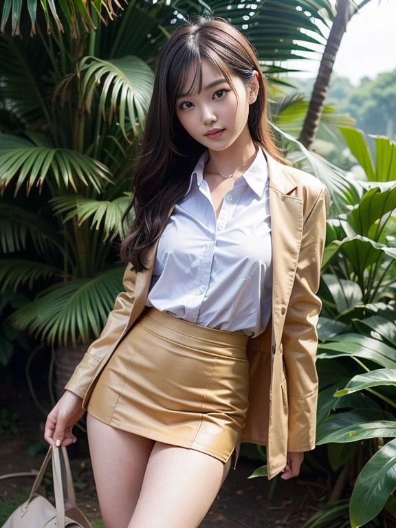 ((top-quality、in 8K、masterpiece:1.3、Raw photo))、Super high quality photos, In the tropical jungle, ((Wearing a business suit with jacket and skirt)), ((Wear a white blouse shirt under the jacket)), ((Perfect beauty 20 year old idol Japan woman)), ((a smile)), ((protruding nipples under the shirt,,)), ((Hair fluttering in the wind)), ((slim figure)), ((Slim legs)), ((slim thigh)), ((Perfect beauty 20 year old idol Japan woman)), (Photorealistic: 1.4), (Ultra-high detail), (hyper realisitic: 1.4), (Realistic: 1.3), (Smooth lighting: 1.05), Full body, 1girl in, Solo, (Japanese actressl), 20yr old, cinematlic lighting, ((Leaner figure)), Good anatomy, Correct anatomy, In the tropical jungle, ((Perfect beauty 20 year old idol Japan woman)), ((Slim legs)), ((slim thigh)), ,((Perfect beauty)), ((He has a small camping bag in one hand.)), ((Panties are visible through the skirt)), ((a smile)), ((camel's toe)), ((((Wearing a business suit with jacket and skirt)), ((The wind is blowing up my skirt and I can see my panties.)),