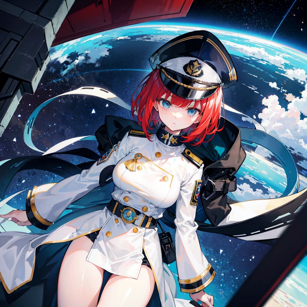 (((masterpiece)))、(((Top image quality)))、(((top-quality)))、(((Illustration of one woman)))、full body Esbian、((25-years old))、Red-haired shorthair、(thin hair hanging down both sides of the face,)、Blue eyes、(((neuter)))、((tall))、(((Muscular and strong body)))、(((Muscular and strong body)))、((muscular and thick arms))、((muscular and thick legs))、(((manspreading)))、Opening legs、((Military uniforms))、((Military Cap))、((Military coat))、(white clothes)、(White pants)、(White cap)、trench coat、((Inside the spaceship、Sitting in the captain's seat))、(Outside the window、kosmos、Earth seen from space、Spaceport)