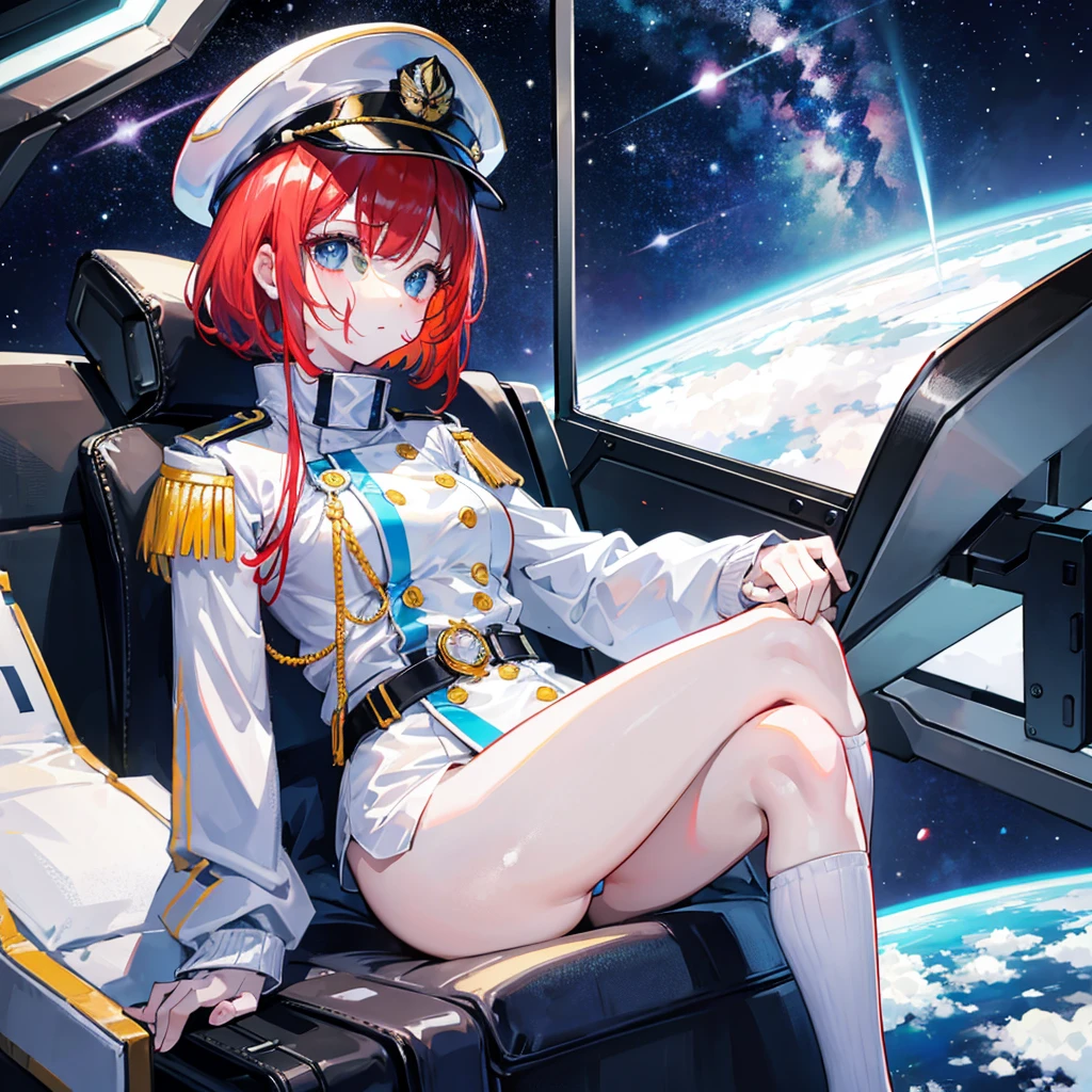 (((masterpiece)))、(((Top image quality)))、(((top-quality)))、(Illustration of one woman)、full bodyesbian、((25-years old))、Red-haired shorthair、(Thin hair hanging down both sides of the face)、Blue eyes、(((neuter)))、((Tall))、(((Muscular and strong body)))、(((Muscular and strong body)))、((muscular and thick arms))、((muscular and thick legs))、(((manspreading)))、opening legs、((Military uniforms))、((Military Cap))、((Military coat))、(white clothes)、(White pants)、(White cap)、trench coat、((Inside the spaceship、Sitting in the captain's seat))、(Outside the window、kosmos、Earth seen from space、Spaceport)