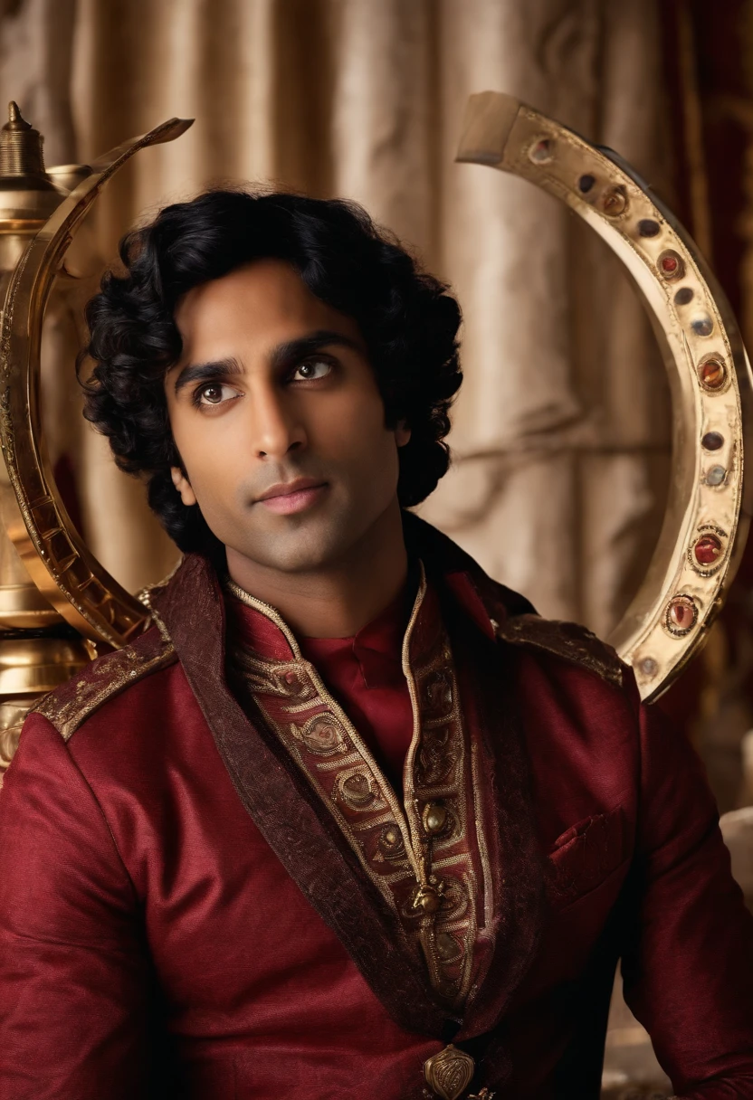 A close-up of an old-fashioned, elaborate telescope with brass accents,The Big Bang Theory,Raj is an Indian man with black hair and brown eyes, portrayed by Kunal Nayyar