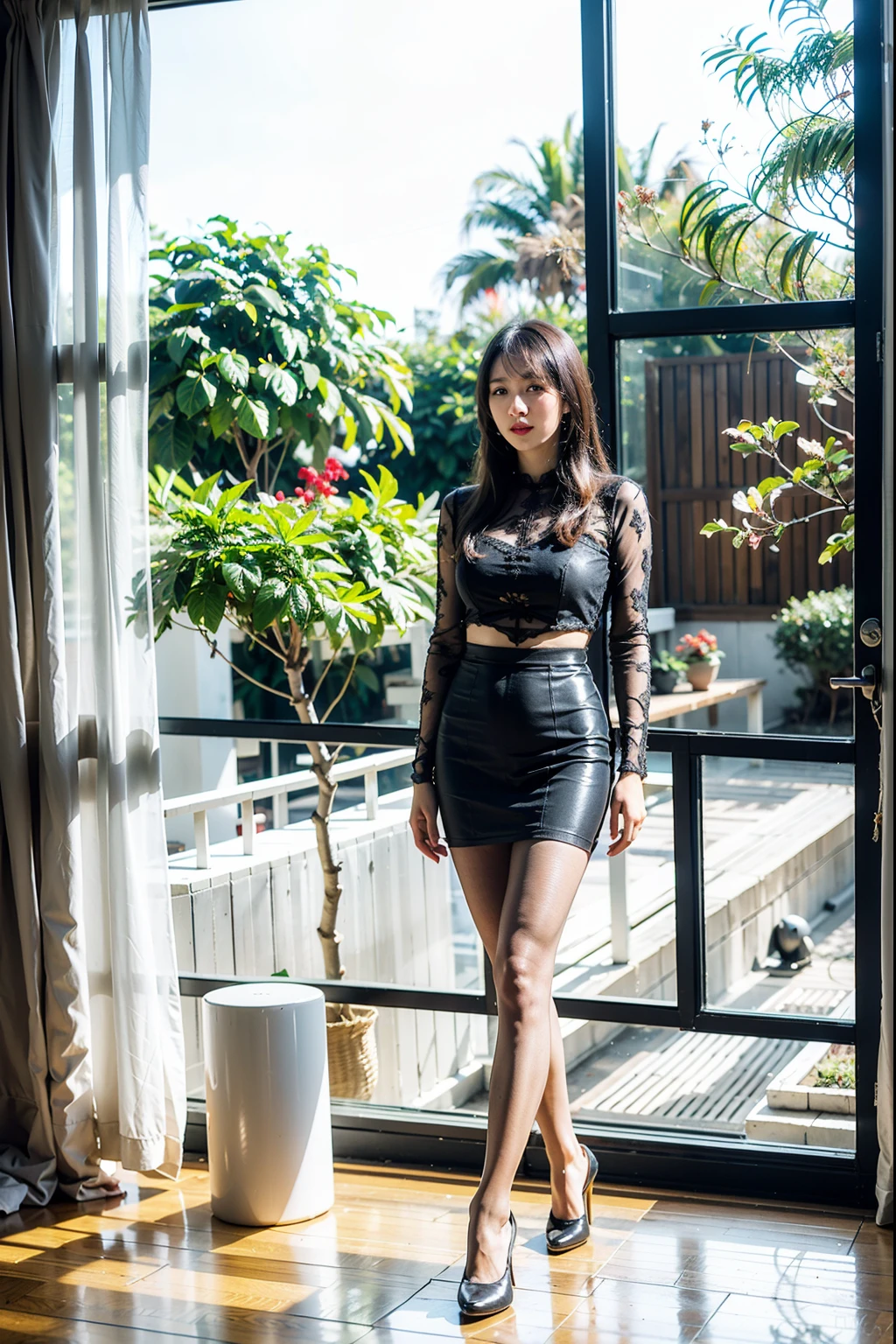 wavy and long hair,heavy makeups,Redlip,white skinned,mature, legs long,The whole body can be seen,Ultra-thin flesh-colored pantyhose,inside a luxury Villa,Have a well-proportioned figure,Skin color pantyhose,Temperament long sleeves,legs long,Student skirts,through bangs,There is heavy snow outside the window,In front of floor-to-ceiling windows