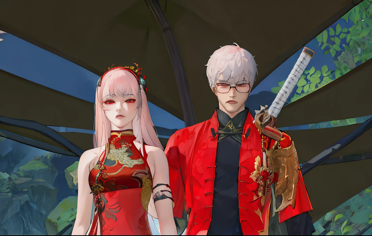 there are two people dressed in red and black standing under an umbrella, ruan jia and brom, yiqiang and shurakrgt, medium shot of two characters, nixeu and sakimichan, inspired by Wang Duo, loong, blade and soul, inspired by Ren Xiong, style game square enix, inspired by Pu Hua, korean mmo