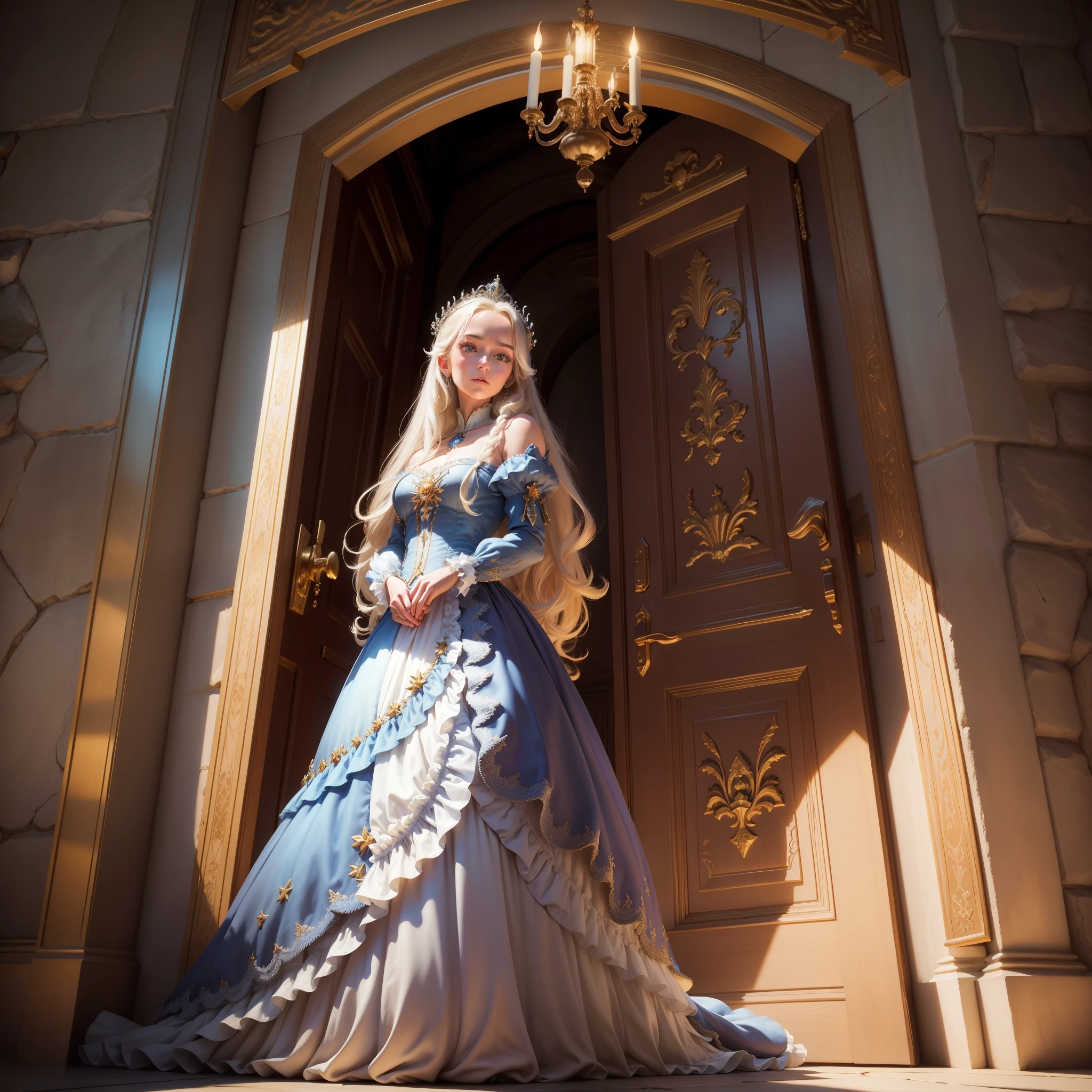 Forbidden castle on the mountain，，A beautiful princess stood in the doorway，European and American art，（complexdetails：1.12），hdr，（complexdetails，hyper-detailing：1.15），（Natural skin texture，ultra-realistic realism，softlighting，sharp：1.2），art for the game，Critical vision, ultra-realistic realism