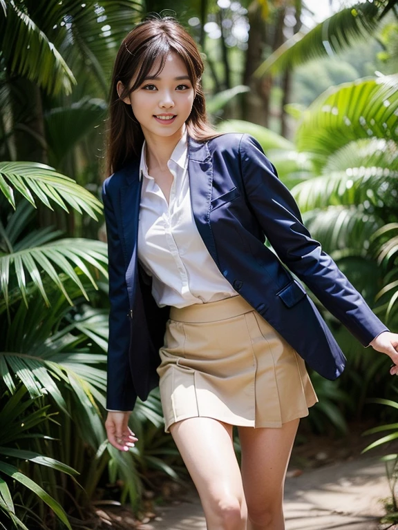((top-quality、in 8K、masterpiece:1.3、Raw photo))、Super high quality photos, In the tropical jungle, ((Wearing a business suit with jacket and skirt)), ((Wear a white blouse shirt under the jacket)), ((Perfect beauty 20 year old idol Japan woman)), ((a smile)), ((protruding nipples under the shirt,,)), ((Hair fluttering in the wind)), ((slim figure)), ((Slim legs)), ((slim thigh)), ((Perfect beauty 20 year old idol Japan woman)), (Photorealistic: 1.4), (Ultra-high detail), (hyper realisitic: 1.4), (Realistic: 1.3), (Smooth lighting: 1.05), Full body, 1girl in, Solo, (Japanese actressl), 20yr old, cinematlic lighting, ((Leaner figure)), Good anatomy, Correct anatomy, In the tropical jungle, ((Perfect beauty 20 year old idol Japan woman)), ((Slim legs)), ((slim thigh)), ,((Perfect beauty)), ((He has a small camping bag in one hand.)), ((Panties are visible through the skirt)), ((a smile)), ((camel's toe)), ((((Wearing a business suit with jacket and skirt)), ((The wind is blowing up my skirt and I can see my panties.)),