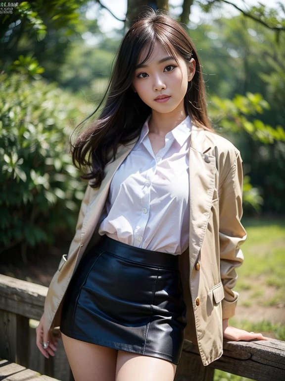 ((top-quality、in 8K、​masterpiece:1.3、Raw photo))、Super high quality photos, In the tropical jungle, ((Wearing a business suit with jacket and skirt)), ((Wear a white blouse shirt under the jacket)), ((Perfect beauty 20 year old idol Japan woman)), ((a smile)), ((protruding nipples under the shirt,,)), ((Hair fluttering in the wind)), ((slim figure)), ((Slim legs)), ((slim thigh)), ((Perfect beauty 20 year old idol Japan woman)), (Photorealistic: 1.4), (Ultra-high detail), (hyper realisitic: 1.4), (Realistic: 1.3), (Smooth lighting: 1.05), Full body, 1girl in, Solo, (Japanese actressl),　20yr old, cinematlic lighting,  ((Leaner figure)), Good anatomy, Correct anatomy, In the tropical jungle, ((Perfect beauty 20 year old idol Japan woman)),  ((Slim legs)), ((slim thigh)), ,((Perfect beauty)), ((He has a small camping bag in one hand.)), ((Panties are visible through the skirt)), ((a smile)), ((camel's toe)), ((((Wearing a business suit with jacket and skirt)), ((The wind is blowing up my skirt and I can see my panties.)),
