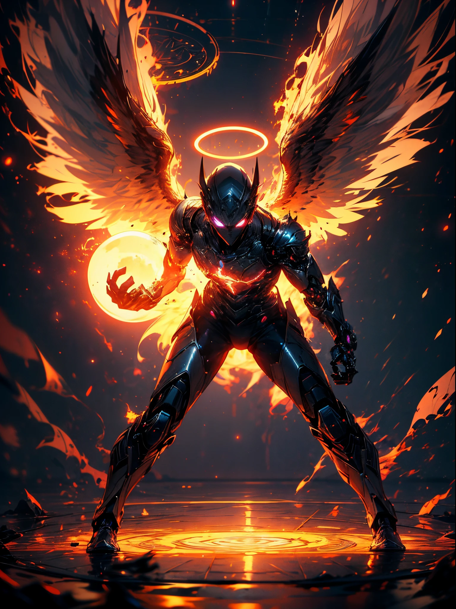 (Full body shot:1.4),(Wide Angle Shot), (Intricate details:1.4), (Masterpiece) , ((Anime Robot, Beautiful White Skin Golem, Angel, 1boy, Magic)), (Perfect Aesthetic Eyes:1.3) , (Detailed Eyes) , (Halo) , (Elden ring:1.4), (Wings:1.3), Glowing, Twintails Hair, Multicolored Hair, (Anatomically Correct Body:1.4) , Angry, (Perfect Face), Saenyo Ancalagon Majestic Guardian Knight | Ultra Detailed Robotic Armor | Cinematic Lighting | Intricate filigree metal design | 16k | Unreal Engine 5 | Octane Render | 3d, (anatomically correct :1.4), (Ultra Detailed, Fantasy Background, Blush, Solo, Fightning Stance), (magic circle:1.3), Lightning Effect, (Ray Tracing), Show Your Ability A.I., (Glowing Eyes) , (Particles Glowing) , 16k Wallpaper, Robot Female, Trending on Pintrest, By Nimox AI, UHD