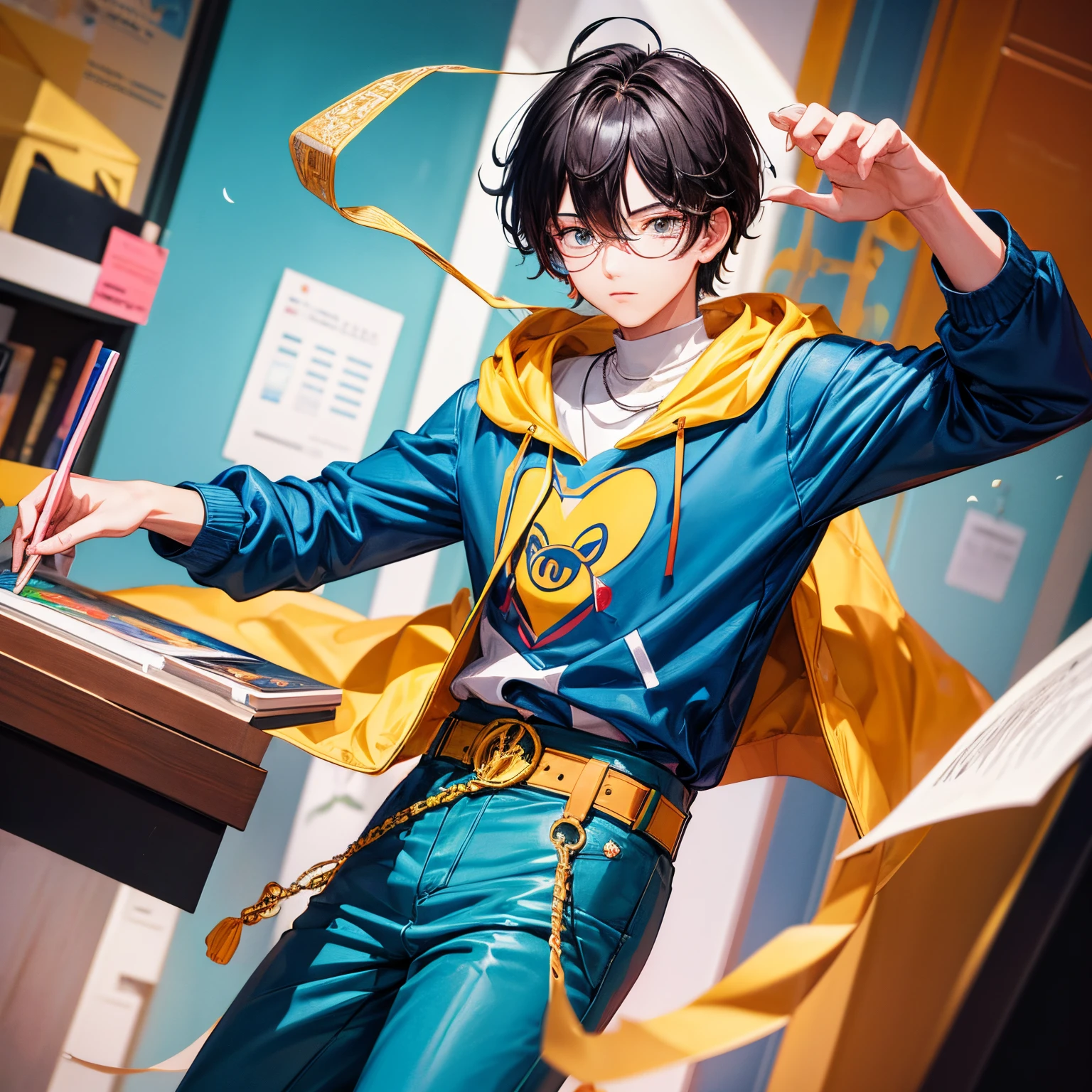 of a man, Wear expensive and fashionable clothes,strike an energetic pose, gucci design::3, Douban, Inspired by Cheng Yanjun’s style, number art, internet boy lofi meme, Dezeen's trend, catalogue photo, 3d rendering bee, Larz van Baarle and Louis van Baarle, Cartoon style illustration, bright pastel color, A beautiful artistic illustration, retro anime boy--ar 2:3 --q 2