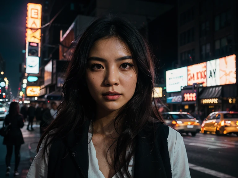 A captivating cinematic portrait of an Asian woman emerges against the backdrop of New York City's nocturnal skyline. Neon lights reflect on her face, creating an ethereal glow that adds a touch of mystery and sophistication to the scene. The city's vibrancy and energy provide a dynamic contrast, enhancing the overall visual impact.