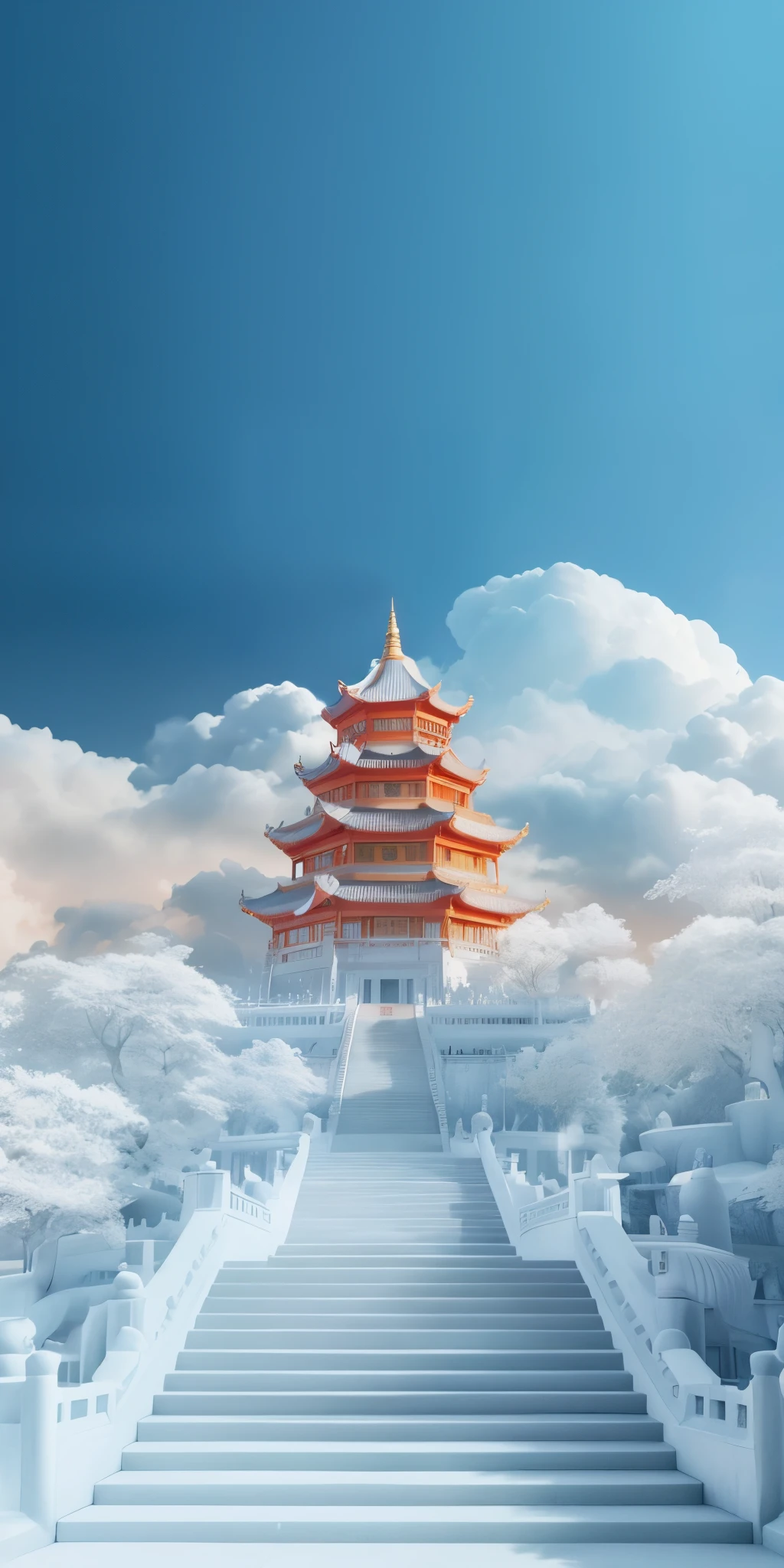 Image of Arafad Pagoda in the Clouds，There are stairs leading to it, Beautiful city renderings, City digital painting, Cloud City, Chinese urban architecture, A city floating in the air, a temple background, Zen temple background, lie on white clouds fairyland, Chinese architecture, Castle made of clouds, Chinese Dreamland