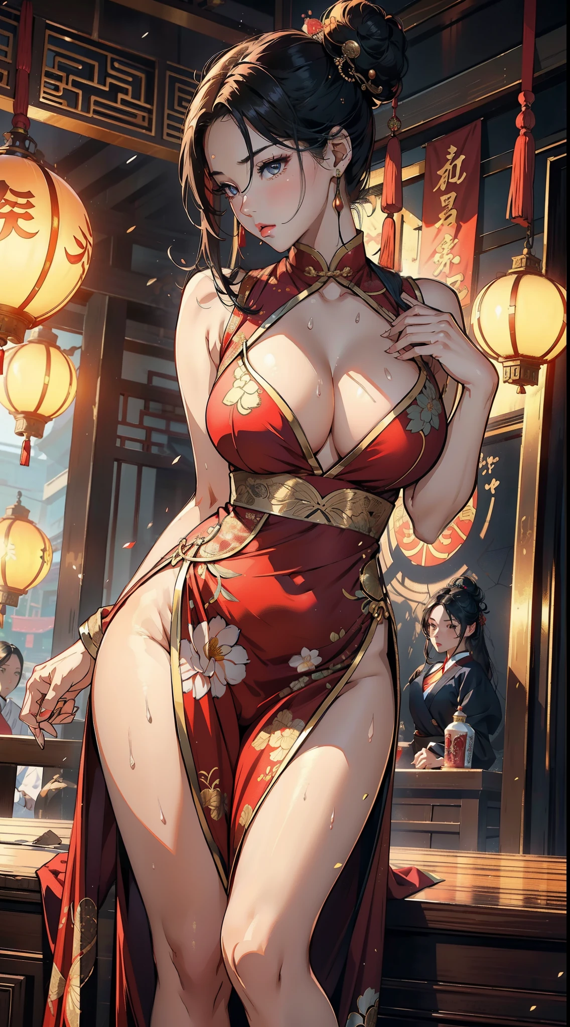 9 Women,36 years old,multiple persons,熟妇,mature,Bigchest,big chest and thin waist,long leges,Raised sexy, photos exposed, 独奏,nine women,Beauty contests,The stands up(Background with:Chinese restaurant,Inside the room) She has short black hair,dynamicposes,sweat profusely,drenched all over the body,seen from the front, hair straight, The sky is mostly cloudy,(((tmasterpiece),(Very detailed CG unified 8k wallpaper),Best quality,电影灯光,detailed back ground,美丽细致的眼睛,Bright pupils,(Very delicate and beautiful),(Beautiful and detailed eyes description),黑The eye,Redlip,ultra - detailed,tmasterpiece,)),facing at the camera,(upper part of body),A high resolution,ultra - detailed),Expose breasts exposed,Bare genitals, convex,legs are open,sexyposture,Camel toes,Flushed face,with her mouth open,street frontage,Chinese samurai,double bun hair,Lotus hair ornaments(dressed in:Red cheongsam,gold silk embroidery)