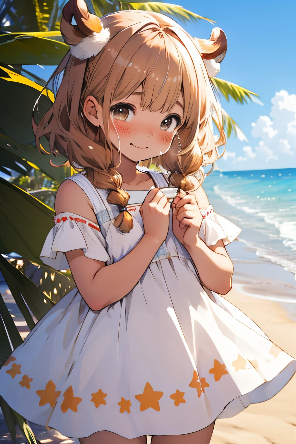 hitornfreckles、Chestnut hair、Kawaii Girl、sand beach、White dress、Crying、