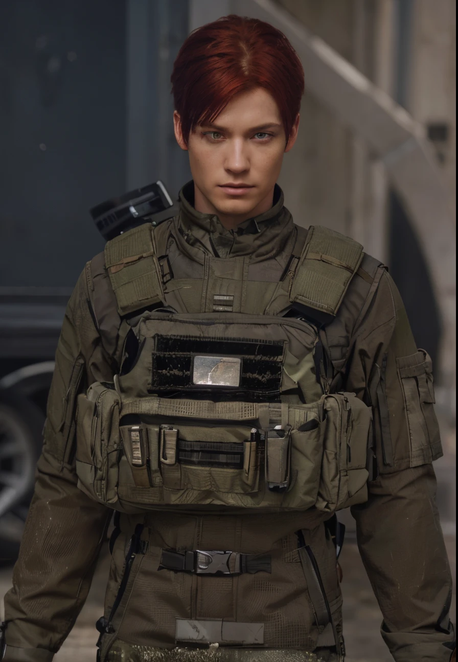 Man, red hair, red eye, tactical suit, realistic, ultra realistic, 70mm, ultra detail