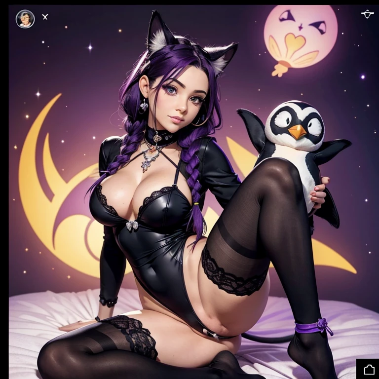 A milf, with a stuffed penguin between legs, cute pose,  oreilles de chat, Cat tail,; Dark and Purple hair, Braided long hair, , belle poitrine, clivage, Charismatic character, Avatar de seconde vie, Nice screenshot, Femme seduisante vue complète du corps, High quality, very detailed skin