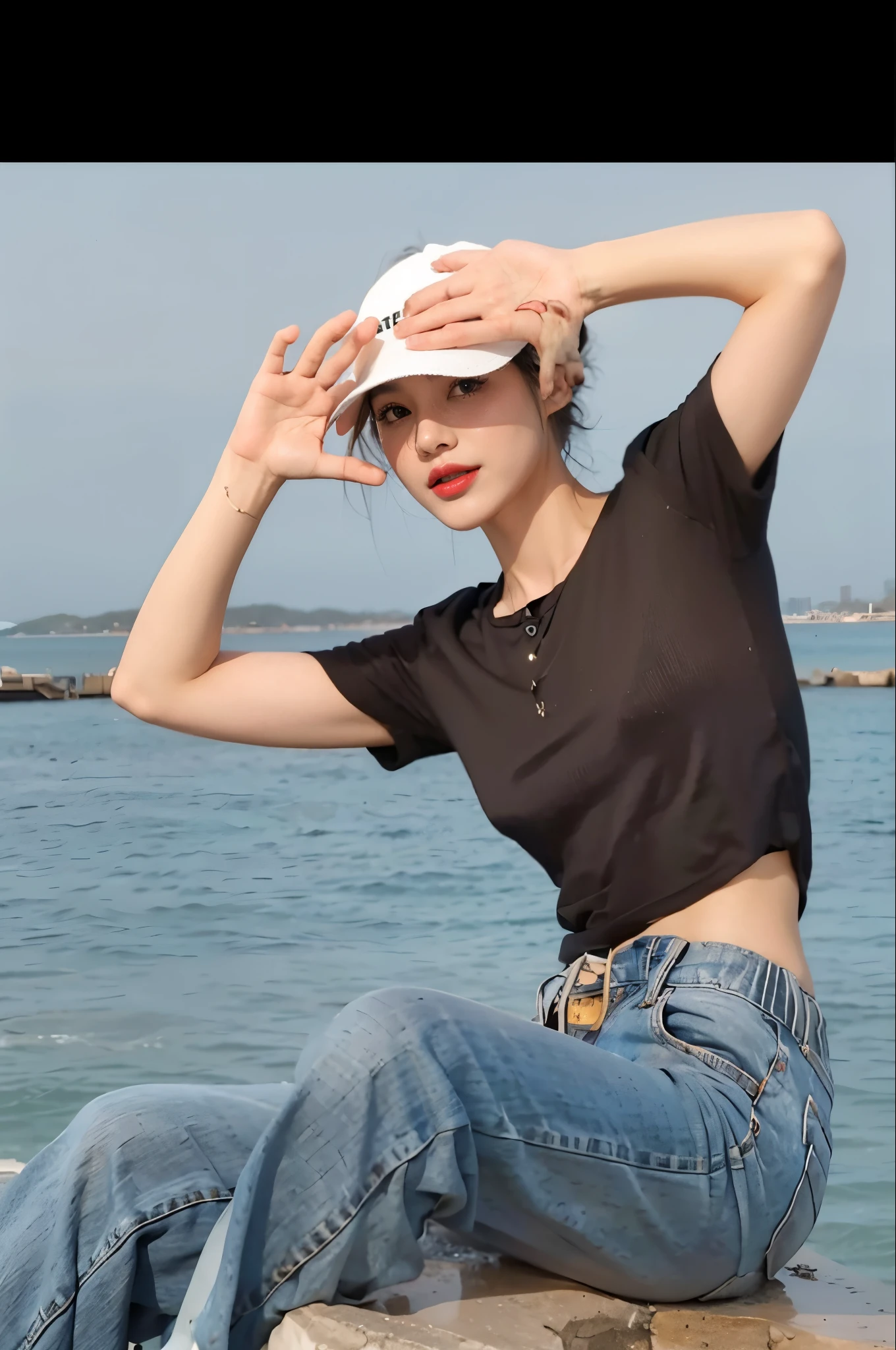 4K,actual,Black bra,(Huge cleavage),beuaty girl,Slim waist,blue denim pants,