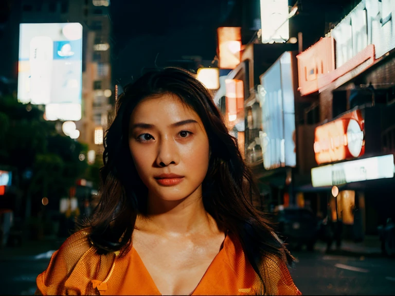 Capturing the essence of urban allure, the portrait of the Asian woman is framed to showcase her captivating features and expression. The half-body composition allows for a harmonious blend of her figure with the dynamic New York night scene, ensuring a visually striking and professionally balanced image. Neon lights play delicately on her face, casting a cinematic glow that accentuates the allure of the city backdrop.