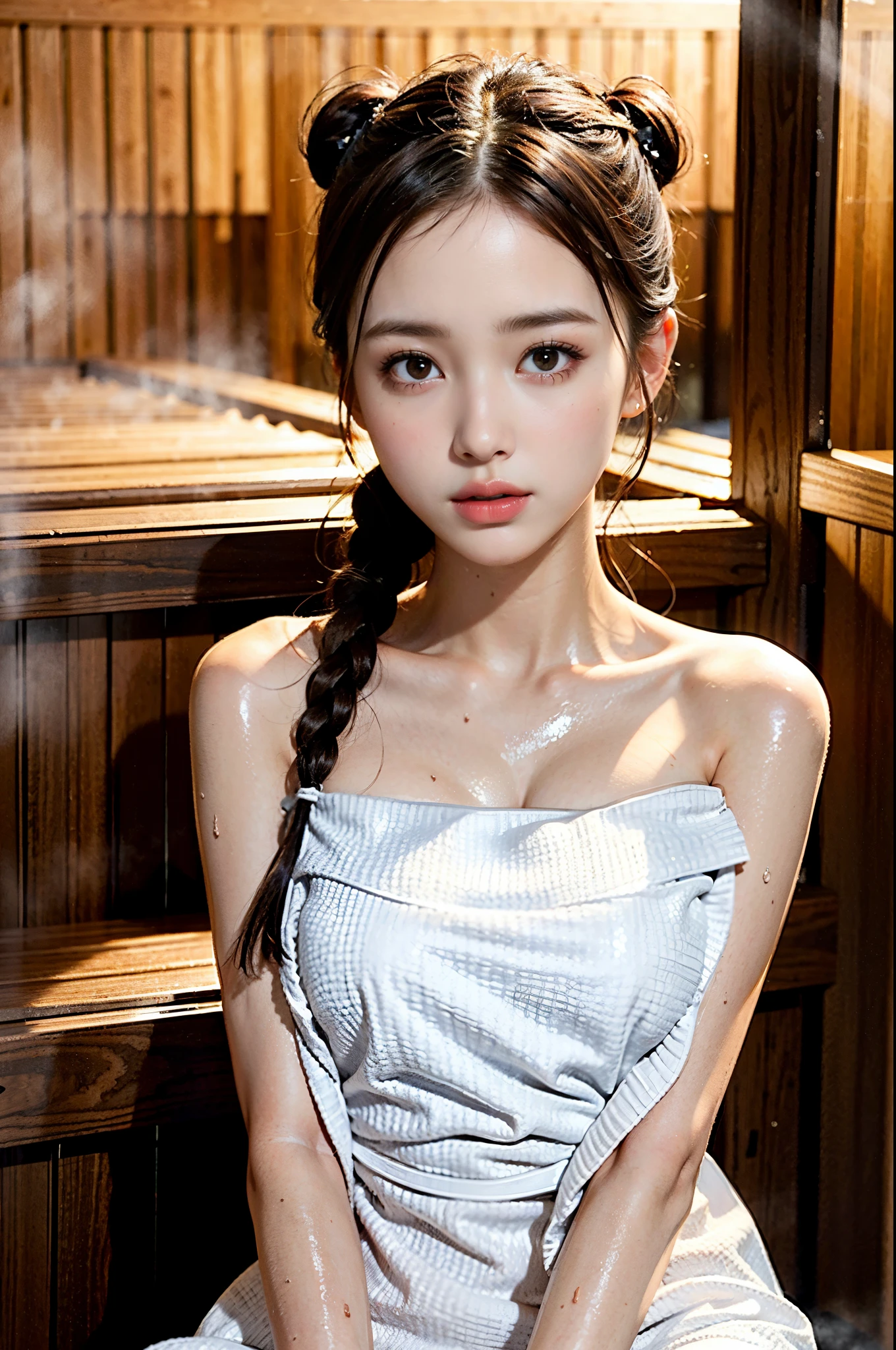 (Realistic:1.2), Beautiful woman, 1 woman, Small breasts:1.2, Slender body:1.1, ((sauna)), (Wet body), (White Big Size Towel Dress Strapless):1.3, (ultra-delicate face, Super Beautiful Maid, Super delicate eyes, Ultra-detailed nose, Ultra detailed mouth, Ultra-detailed facial features), (Hair bun, Single braid, dark brown hair), sitting on, Fully realistic body, Bright lighting