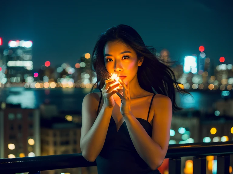 A modern, sleek woman in a sheer camisole is perched on the edge of a stylish balcony, the cityscape illuminated by the night's glow behind her. She wears her long, wavy hair loose, and her profile is accentuated by the soft light of a nearby lamp. In one hand, she casually holds a cigarette, the smoke curling in the cool night air. The scene is captivating, a masterpiece in ultra high resolution with a photorealistic touch, showcasing her beauty in breathtaking detail.