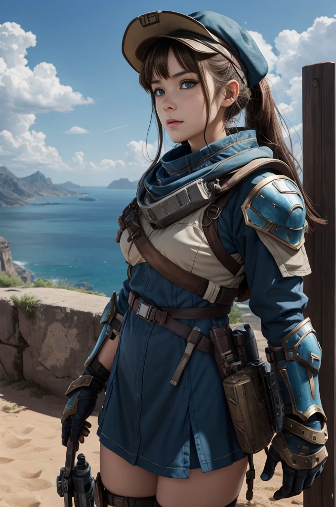 masutepiece, Best Quality, , (Solo), 1girl in, Look up, Dim light, , Horizon_(Apex Legends), goggles, Blue eyes, Brown hair, gauntlets, Shoulder Armor, Hats, (freckle:0.5), , (scienc_fiction), Outdoors, short dress,CG quality,