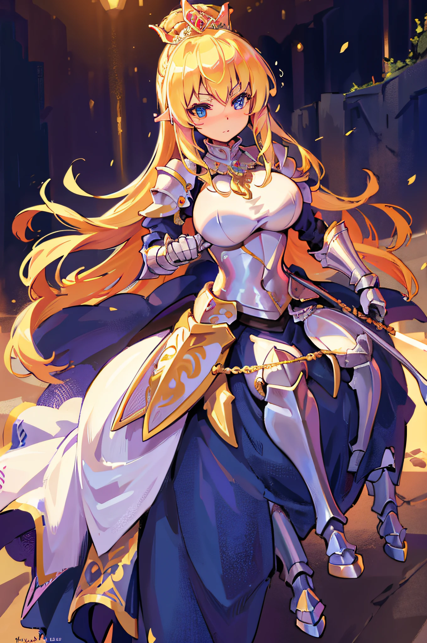 4k,hight resolution.One Woman,a blond,Longhaire,centaur,Princess Knight,Princess Dresses,knight armor,Heavy Armor,Princess Tiara,jewel decorations,Excalibur