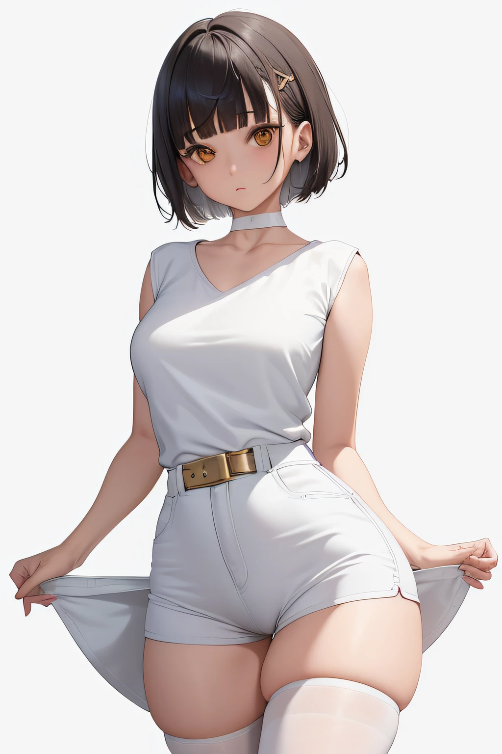 Girl, white dress, short black hair, black silk