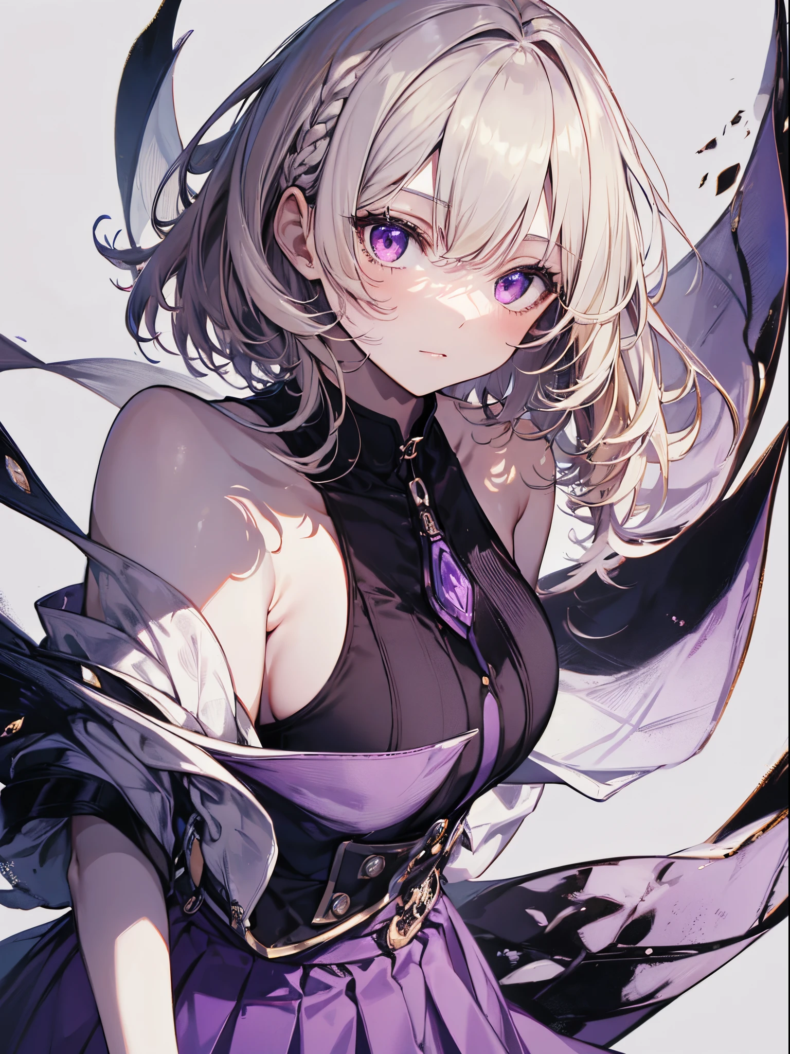 1 girl in, purple color hair、The purple-pink eyes that dreamers desire, (Blonde hair) , small stature, Colossal tits, Lori, (masutepiece:1.2, Best Quality), (finely detailed beautiful eye: 1.2), (beautifull detailed face), (Best Illumination, extremely delicate and beautiful), ((Cinematic Light)), Dramatic light, (Pale white background:1.5), Short bob hair(1:3)、Ultra Contrast、Braid a little around the ears, 鎖骨, White long dress、Perfect Finger、only has 5 fingers、viewed from a 90° angle、Arms crossed、The gaze is looking straight up、His gaze is shifted from above.、grab the arm、Shoot from directly above、The angle is as seen from above.、Best Quality、Large breasts、high-level image quality、hightquality、8K,perfect hand、5 fingers、finger pin、Perfect Finger、noise cut、bullet hand、Her hair color should have been a brighter purple.The skirt part is also carefully depicted.、Purple skirt、My skirt is floating in the wind、holding down the skirt with both hands