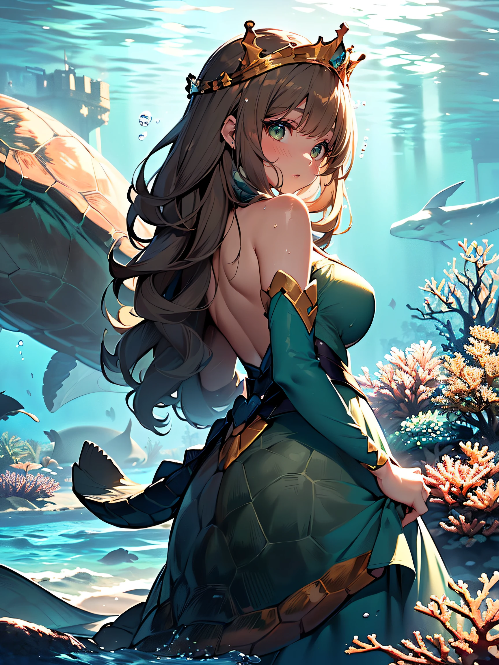 Turtle Princess:1.5, (Turtle Princess:1.4), (a beautiful princess who is half human and half turtle:1.3), (having long curly brown hair and green eyes:1.3), (wearing a crown made of shells and pearls:1.3), (wearing a green dress that matches her turtle shell:1.3), (having a turtle shell on her back and a tail:1.3), (living in a castle under the sea:1.4), (being the daughter of the Turtle King and the Human Queen:1.4), (having the ability to breathe underwater and on land:1.4), (being kind and friendly to all creatures:1.3), (a blue whale swimming beside her:1.4), (a coral reef in the background:1.3)