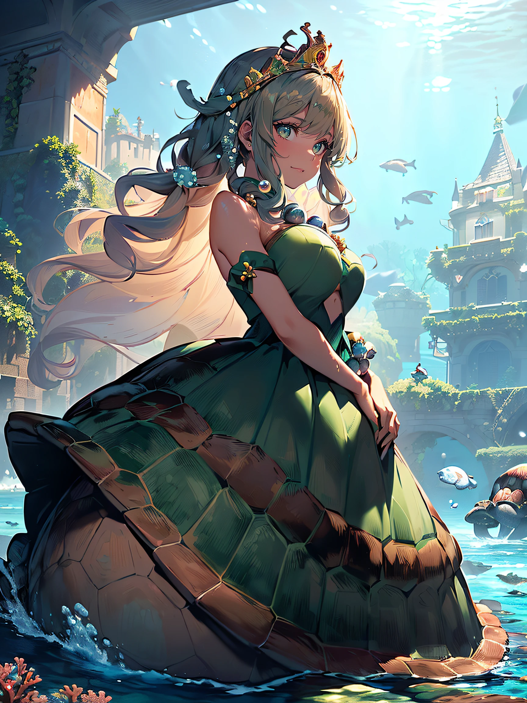 Turtle Princess:1.5, (Turtle Princess:1.4), (a beautiful princess who is half human and half turtle:1.3), (having long curly brown hair and green eyes:1.3), (wearing a crown made of shells and pearls:1.3), (wearing a green dress that matches her turtle shell:1.3), (having a turtle shell on her back and a tail:1.3), (living in a castle under the sea:1.4), (being the daughter of the Turtle King and the Human Queen:1.4), (having the ability to breathe underwater and on land:1.4), (being kind and friendly to all creatures:1.3), (a blue whale swimming beside her:1.4), (a coral reef in the background:1.3)