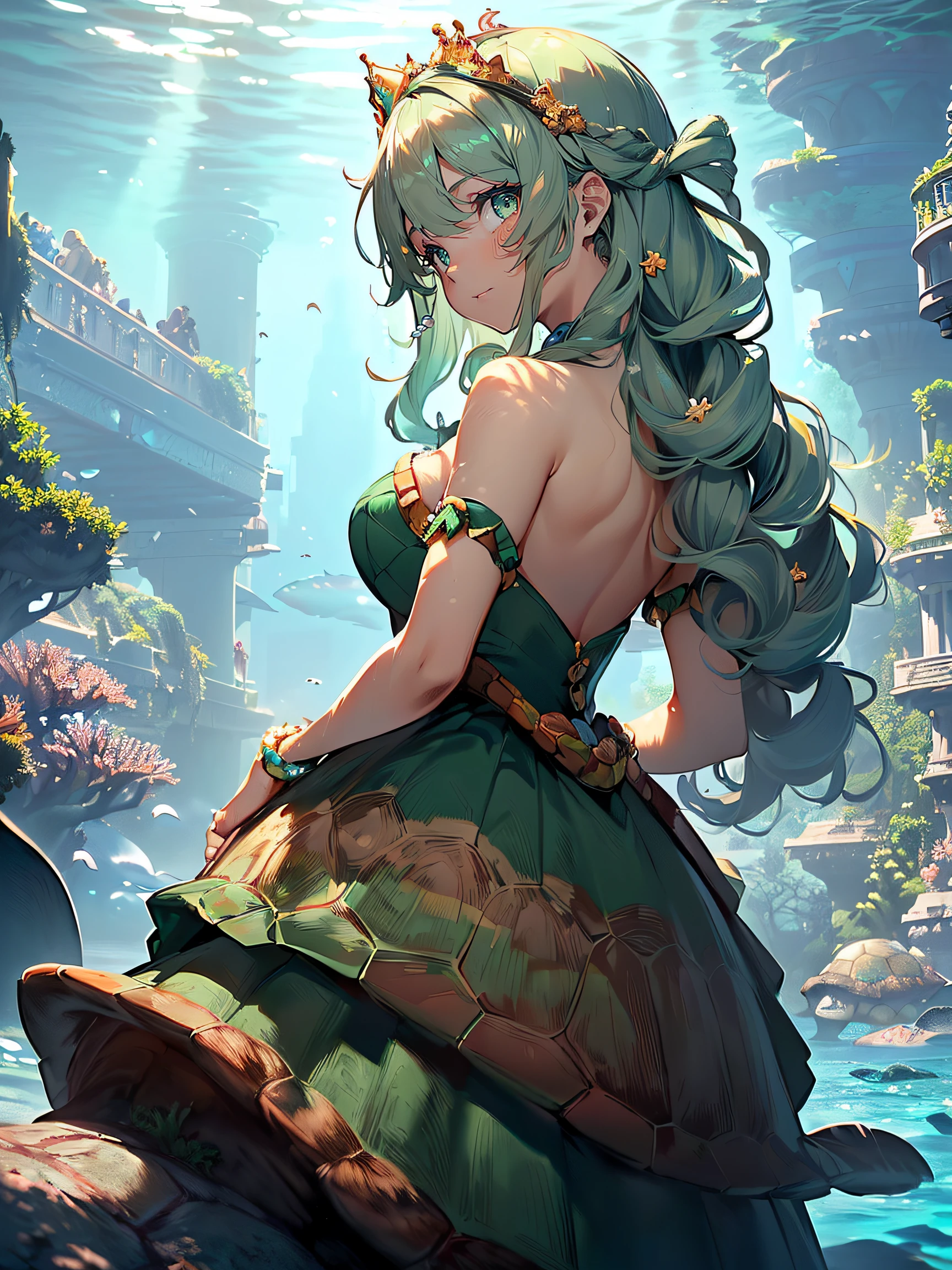 Turtle Princess:1.5, (Turtle Princess:1.4), (a beautiful princess who is half human and half turtle:1.3), (having long curly brown hair and green eyes:1.3), (wearing a crown made of shells and pearls:1.3), (wearing a green dress that matches her turtle shell:1.3), (having a turtle shell on her back and a tail:1.3), (living in a castle under the sea:1.4), (being the daughter of the Turtle King and the Human Queen:1.4), (having the ability to breathe underwater and on land:1.4), (being kind and friendly to all creatures:1.3), (a blue whale swimming beside her:1.4), (a coral reef in the background:1.3)