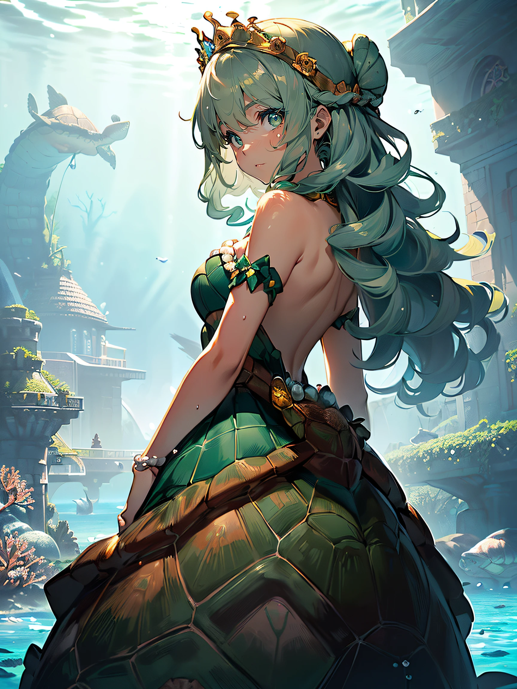 Turtle Princess:1.5, (Turtle Princess:1.4), (a beautiful princess who is half human and half turtle:1.3), (having long curly brown hair and green eyes:1.3), (wearing a crown made of shells and pearls:1.3), (wearing a green dress that matches her turtle shell:1.3), (having a turtle shell on her back and a tail:1.3), (living in a castle under the sea:1.4), (being the daughter of the Turtle King and the Human Queen:1.4), (having the ability to breathe underwater and on land:1.4), (being kind and friendly to all creatures:1.3), (a blue whale swimming beside her:1.4), (a coral reef in the background:1.3)