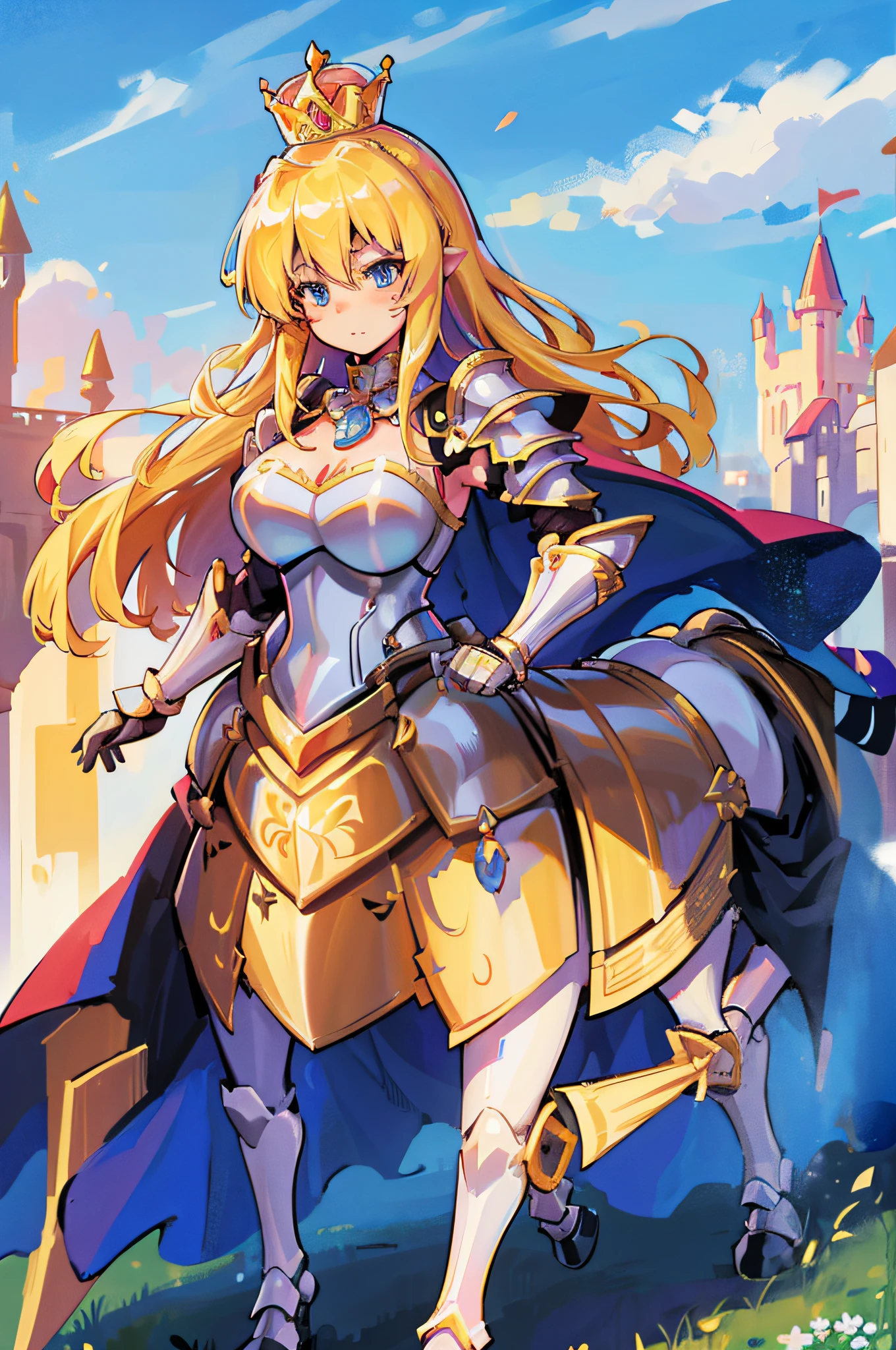4k,hight resolution.One Woman,a blond,Longhaire,centaur,Princess Knight,Princess Dresses,knight armor,Heavy Armor,Princess Tiara,jewel decorations,Excalibur,Full body,castle town,Blue sky at noon