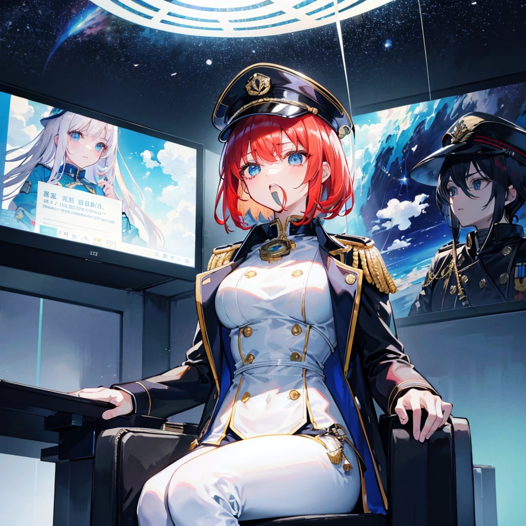 (((masterpiece)))、(((Top image quality)))、(((top-quality)))、(((Illustration of one woman)))、full bodyesbian、Red-haired shorthair、(Thin hair hanging down both sides of the face)、Blue eyes、(((neuter)))、((Tall))、(((Muscular and strong body)))、(((Muscular and strong body)))、((muscular and thick arms))、((muscular and thick legs))、(((manspreading)))、opening legs、((Military uniforms))、((Military Cap))、((Military coat))、(white clothes)、(White pants)、(White cap)、trench coat、((Inside the spaceship、Sitting in the captain's seat))、(Outside the window、kosmos、Earth seen from space、Spaceport)