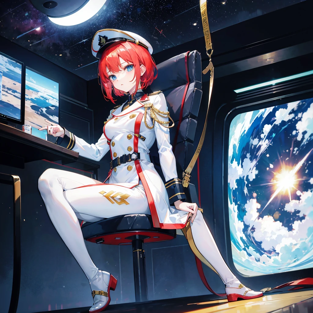 （（（​masterpiece）））、（（（Top image quality）））、（（（top-quality）））、（（（Illustration of one woman）））、full bodyesbian、Red-haired shorthair、（Thin hair hanging down both sides of the face）、Blue eyes、（（（neuter）））、（（Tall））、（（（Muscular and strong body）））、（（（Muscular and strong body）））、（（muscular and thick arms））、（（muscular and thick legs））、（（（manspreading）））、opening legs、（（Military uniforms））、（（Military Cap））、（（Military coat））、（white  clothes）、（White pants）、（White cap）、trench coat、（（Inside the spaceship、Sitting in the captain's seat））、（Outside the window、kosmos、Earth seen from space、Spaceport）