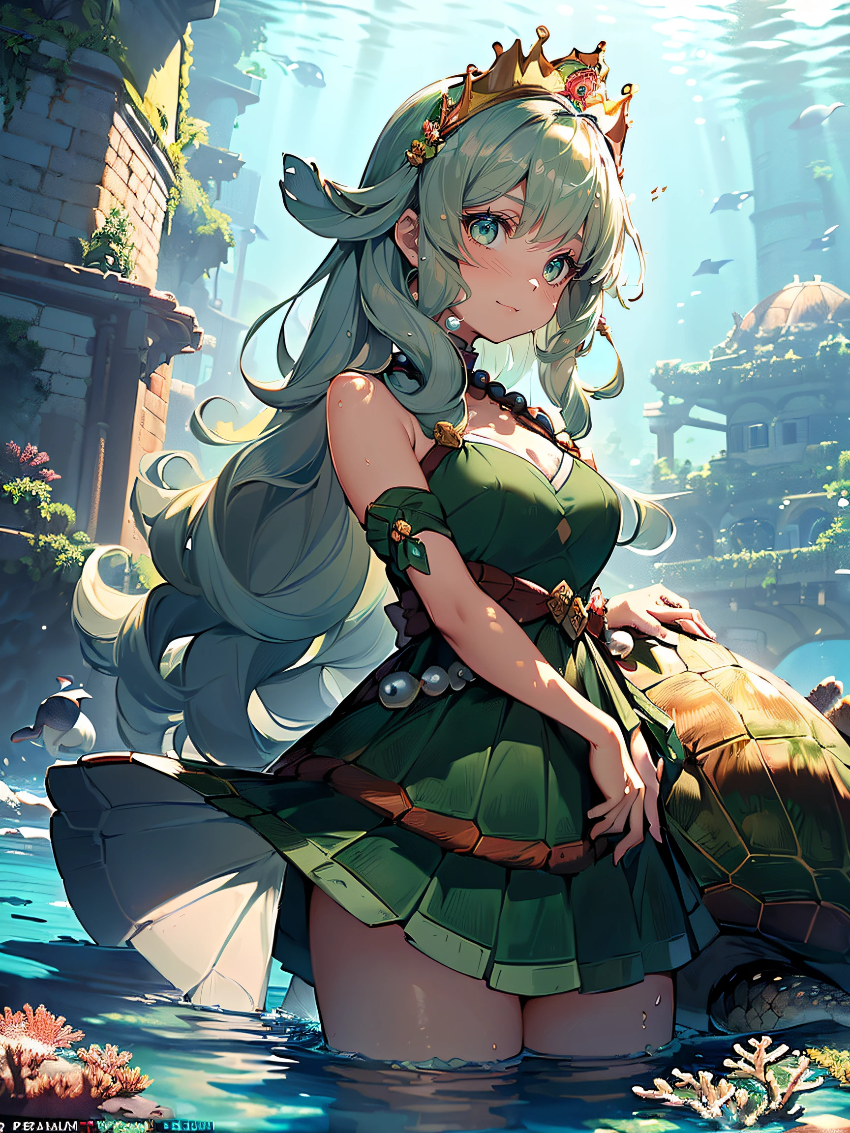 Turtle Princess:1.5, (Turtle Princess:1.4), (a beautiful princess who is half human and half turtle:1.3), (having long curly brown hair and green eyes:1.3), (wearing a crown made of shells and pearls:1.3), (wearing a green dress that matches her turtle shell:1.3), (having a turtle shell on her back and a tail:1.3), (living in a castle under the sea:1.4), (being the daughter of the Turtle King and the Human Queen:1.4), (having the ability to breathe underwater and on land:1.4), (being kind and friendly to all creatures:1.3), (a blue whale swimming beside her:1.4), (a coral reef in the background:1.3)