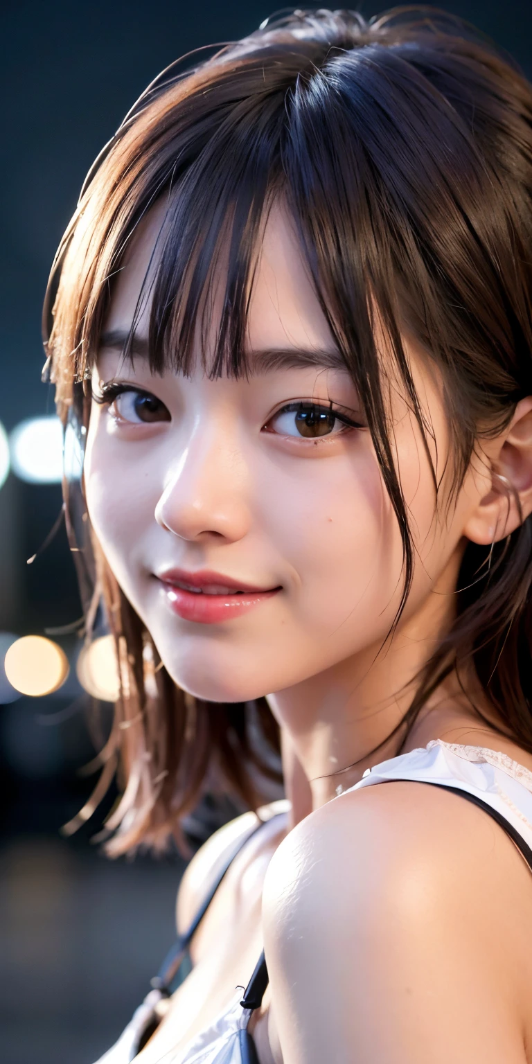 1girl, Tokyo street,night, cityscape,city lights,upper body,close-up,smile,, (8k, RAW photo, best quality, masterpiece:1.2),(realistic, photo-realistic:1.37),