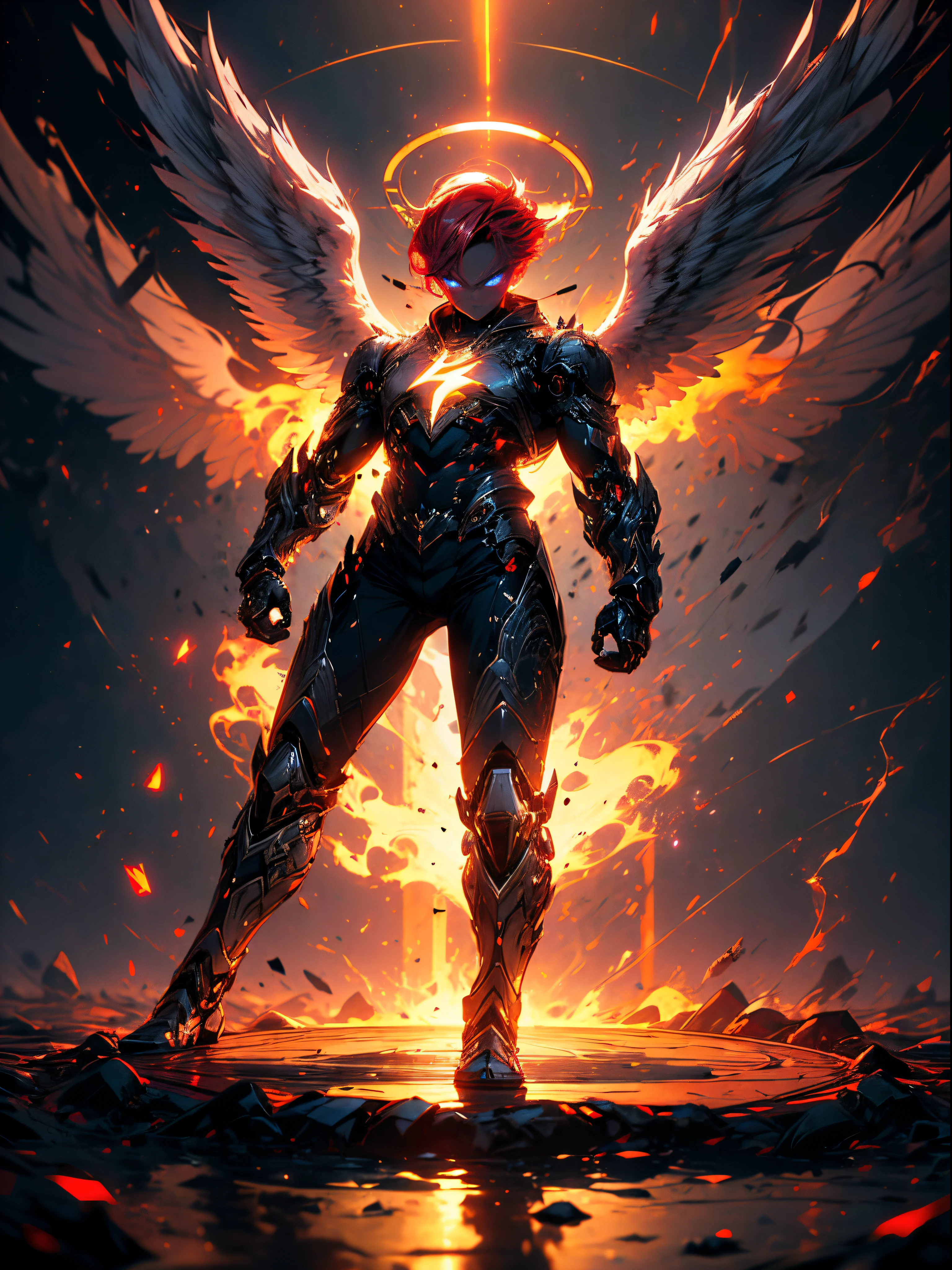 (Full body shot:1.4),(Wide Angle Shot), (Intricate details:1.4), (Masterpiece) , ((Anime Robot, Beautiful White Skin Golem, Angel, 1boy, Magic)), (Perfect Aesthetic Eyes:1.3) , (Detailed Eyes) , (Halo) , (Elden ring:1.4), (Wings:1.3), Glowing, Twintails Hair, Multicolored Hair, (Anatomically Correct Body:1.4) , Angry, (Perfect Face), Saenyo Ancalagon Majestic Guardian Knight | Ultra Detailed Robotic Armor | Cinematic Lighting | Intricate filigree metal design | 16k | Unreal Engine 5 | Octane Render | 3d, (anatomically correct :1.4), (Ultra Detailed, Fantasy Background, Blush, Solo, Fightning Stance), (magic circle:1.3), Lightning Effect, (Ray Tracing), Show Your Ability A.I., (Glowing Eyes) , (Particles Glowing) , 16k Wallpaper, Robot Female, Trending on Pintrest, By Nimox AI, UHD