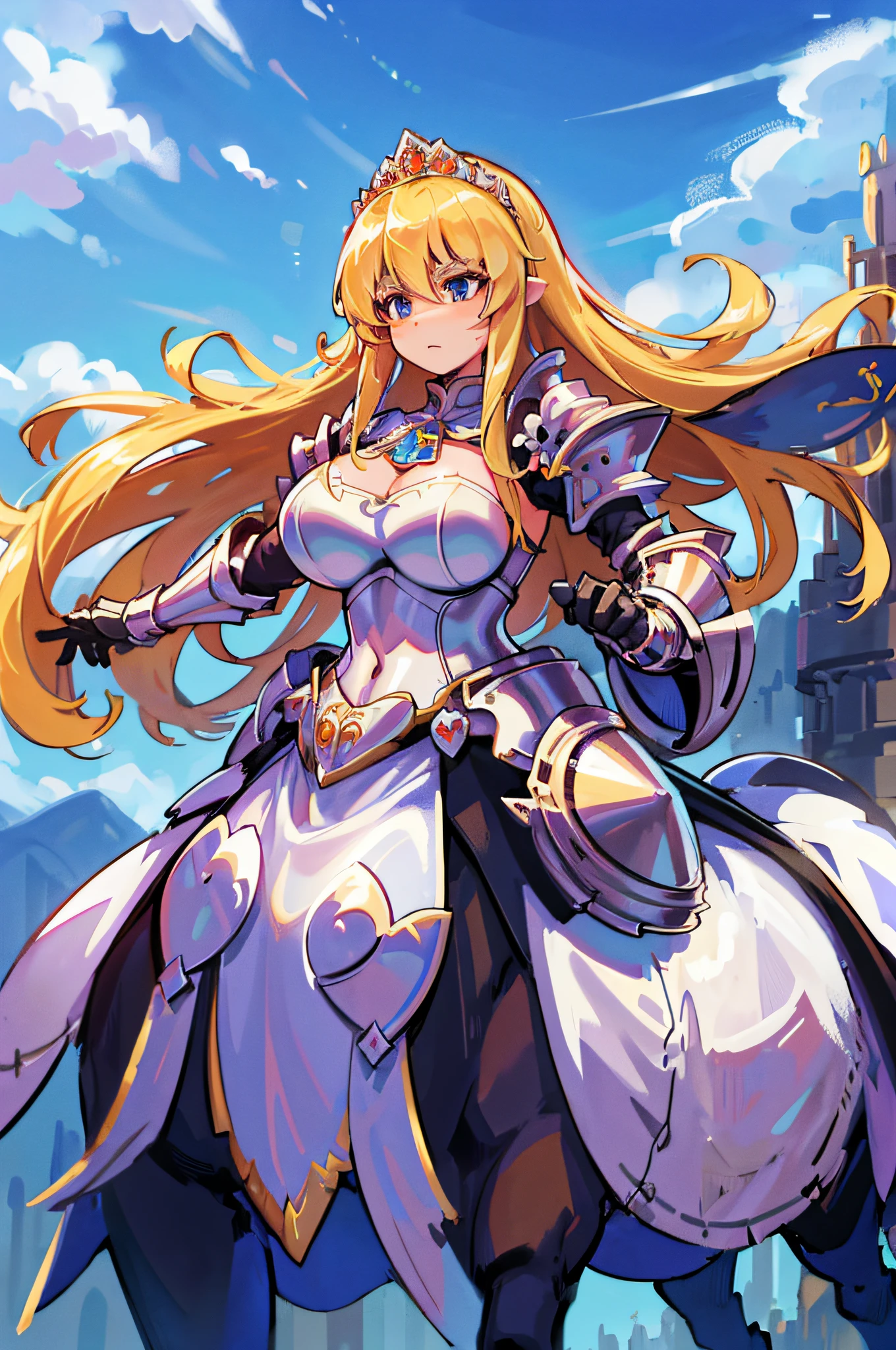 4k,hight resolution.One Woman,a blond,Longhaire,centaur,Princess Knight,Princess Dresses,knight armor,Heavy Armor,Princess Tiara,jewel decorations,Excalibur,castle town,Blue sky at noon