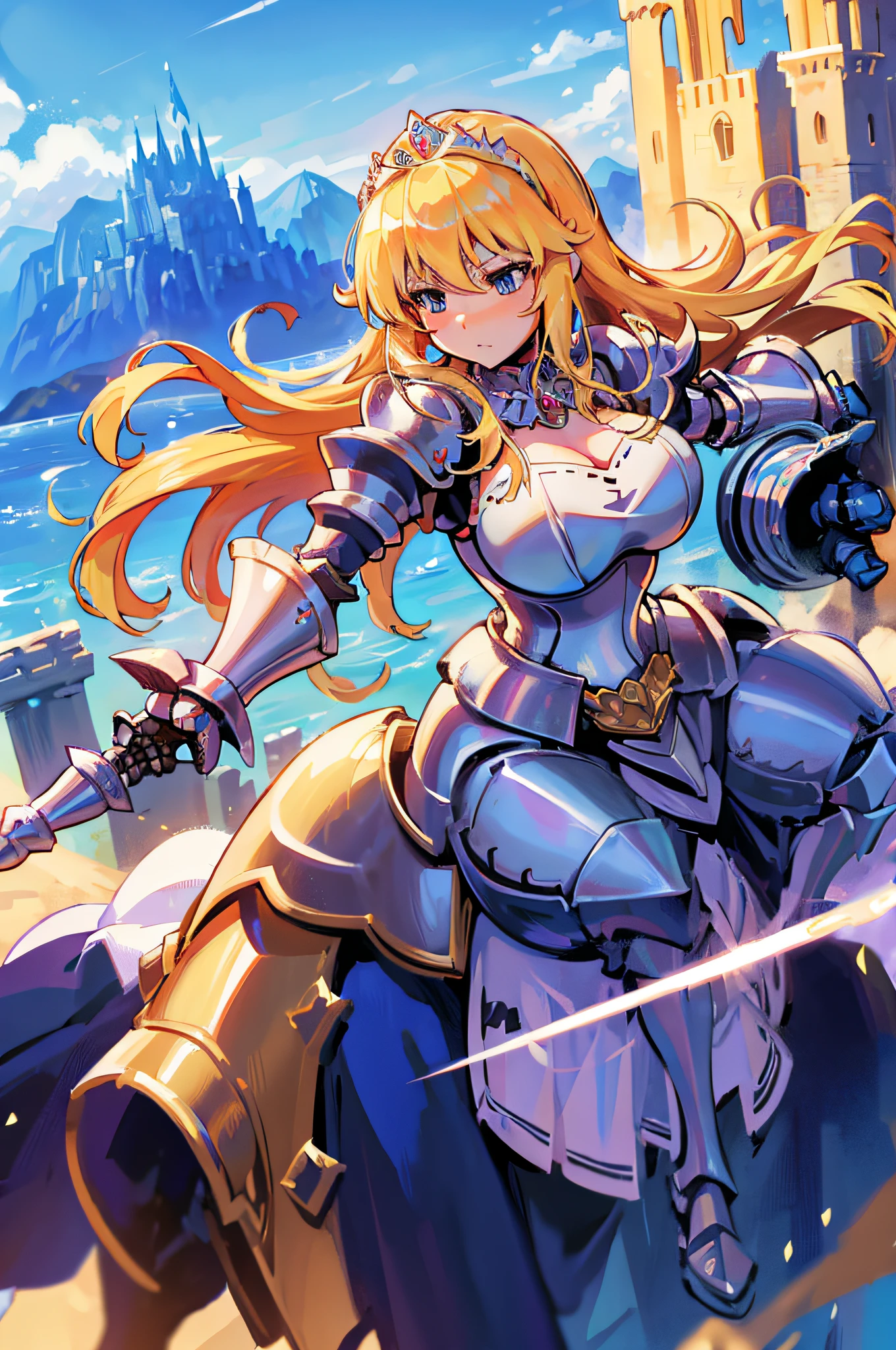 4k,hight resolution.One Woman,a blond,Longhaire,centaur,Princess Knight,Princess Dresses,knight armor,Heavy Armor,Princess Tiara,jewel decorations,Excalibur,castle town,Blue sky at noon